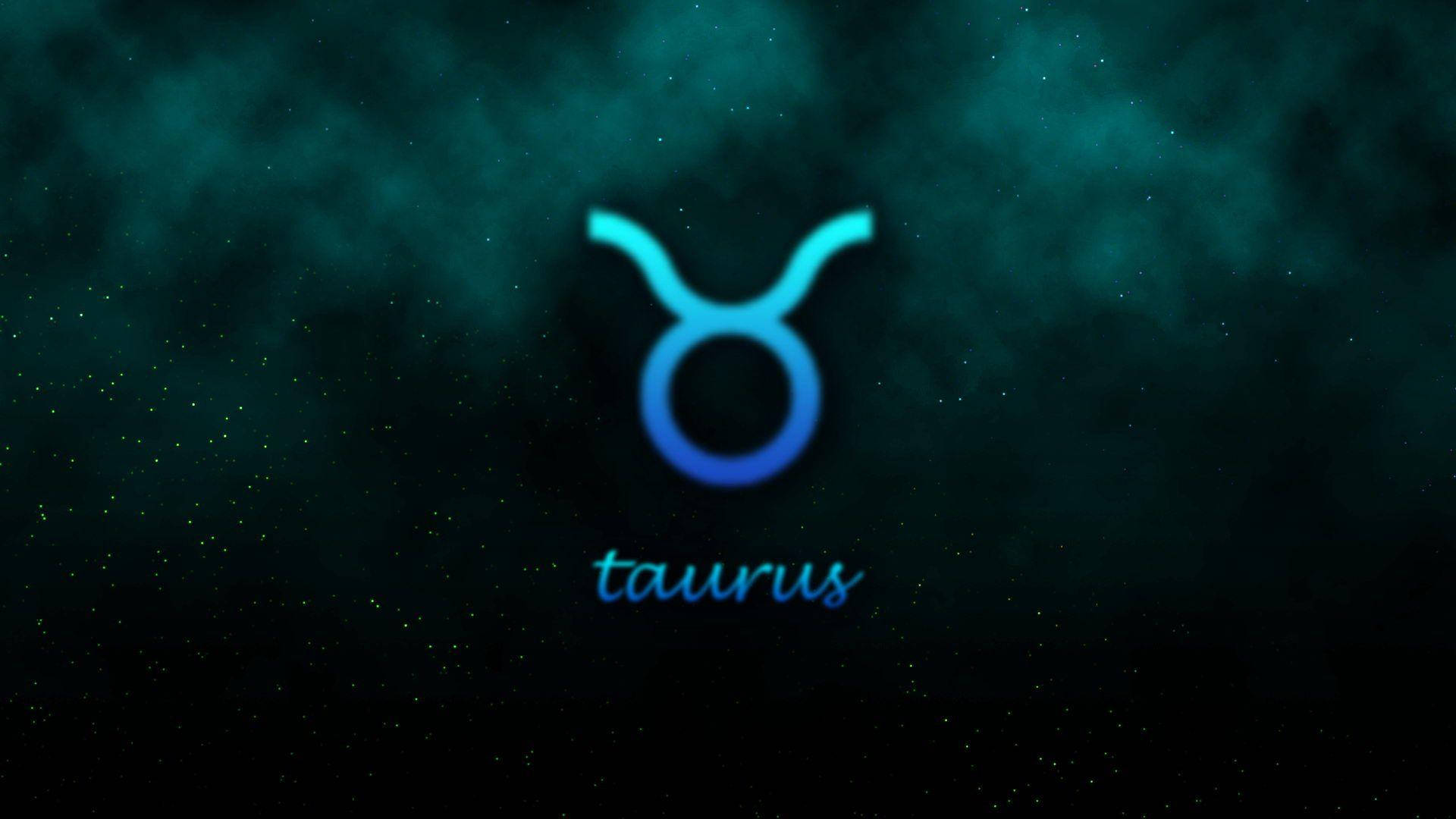 zodiac 桌布 壁紙 — 一個發光的藍色金牛座星座符號在點綴著星星的深色青綠色宇宙背景中閃耀。