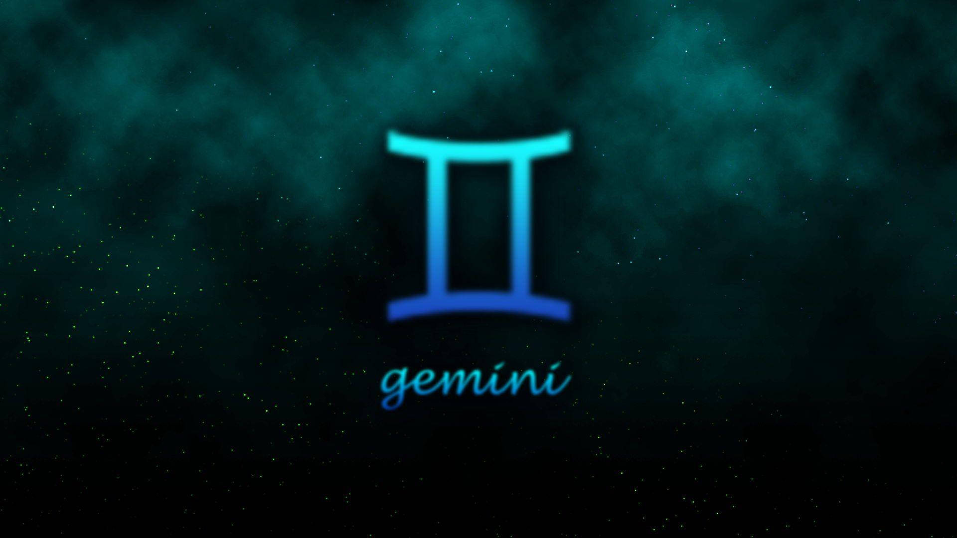 gemini 桌布 壁紙 — 一個發光的藍色雙子座星座符號，在點綴著星星的深色藍綠色宇宙背景中閃耀。