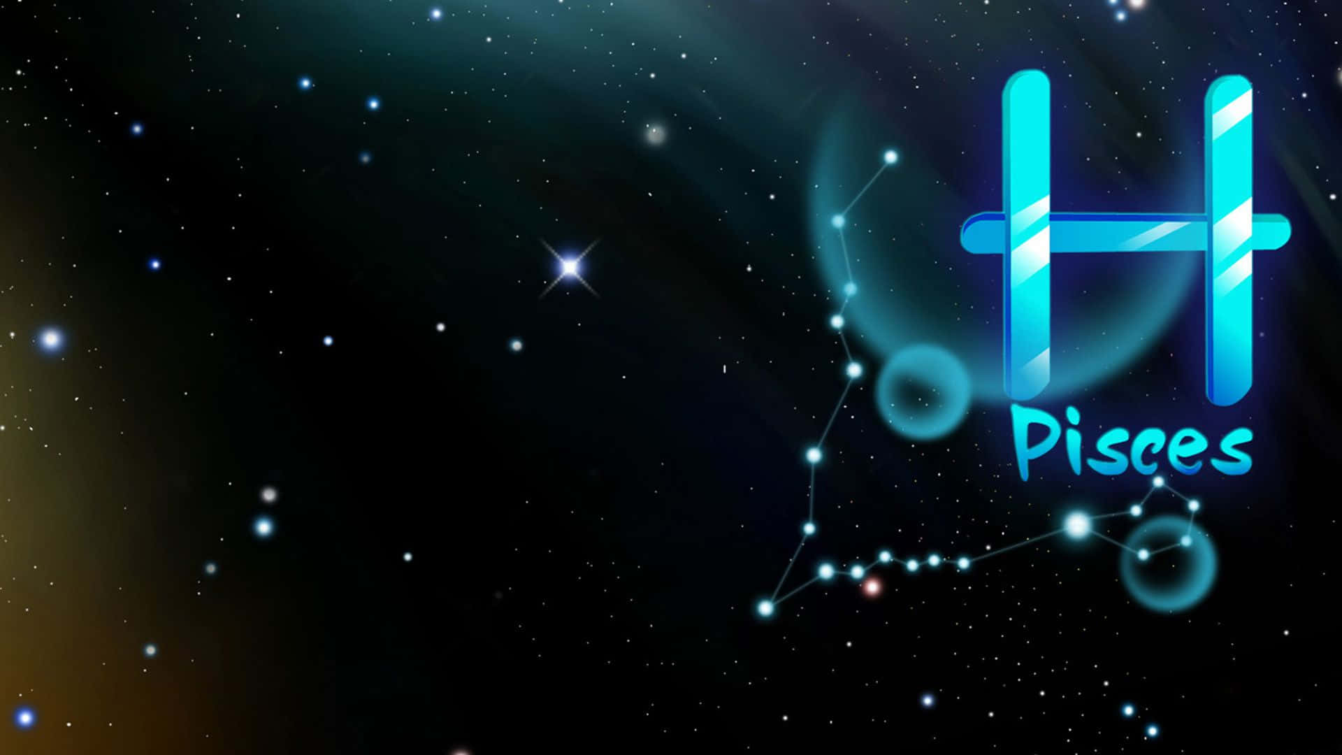 雙魚座 桌布 壁紙 — 一個發光的藍色雙魚座星座符號，在佈滿星雲和閃爍星星的星空宇宙背景下閃耀。