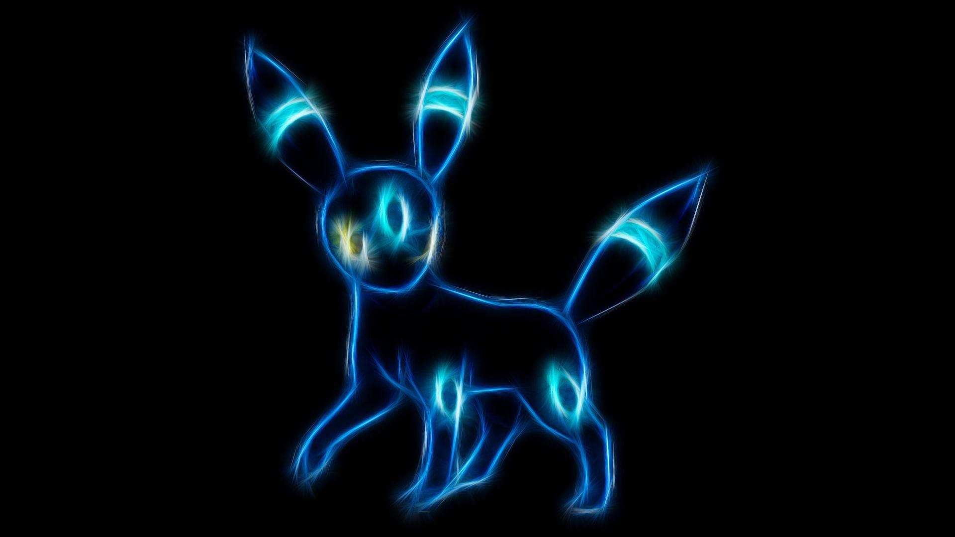 Umbreon 桌布 壁紙 — 一個發光的藍色電兔狀生物，以霓虹燈勾勒在純黑色背景上。