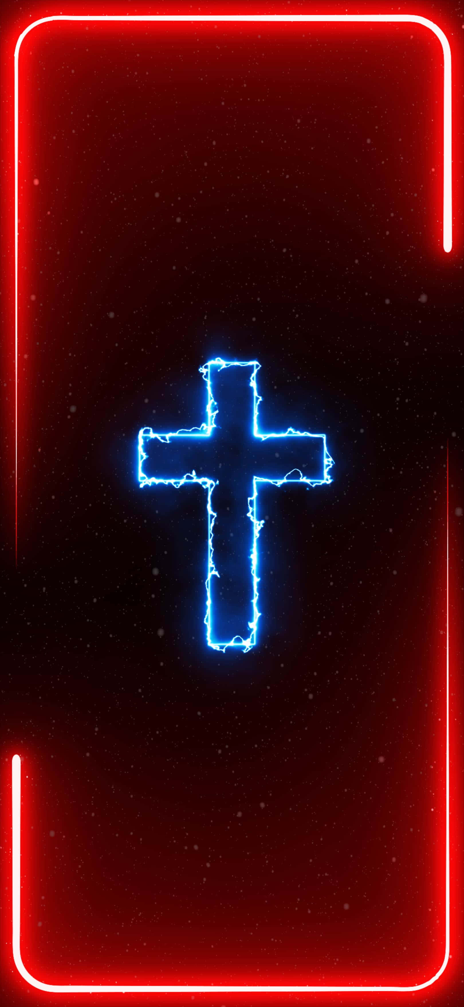 Cool Jesus 桌布 壁紙 — 一個發光的藍色電十字架，位於紅色霓虹燈矩形框架內，背景為深色斑點。