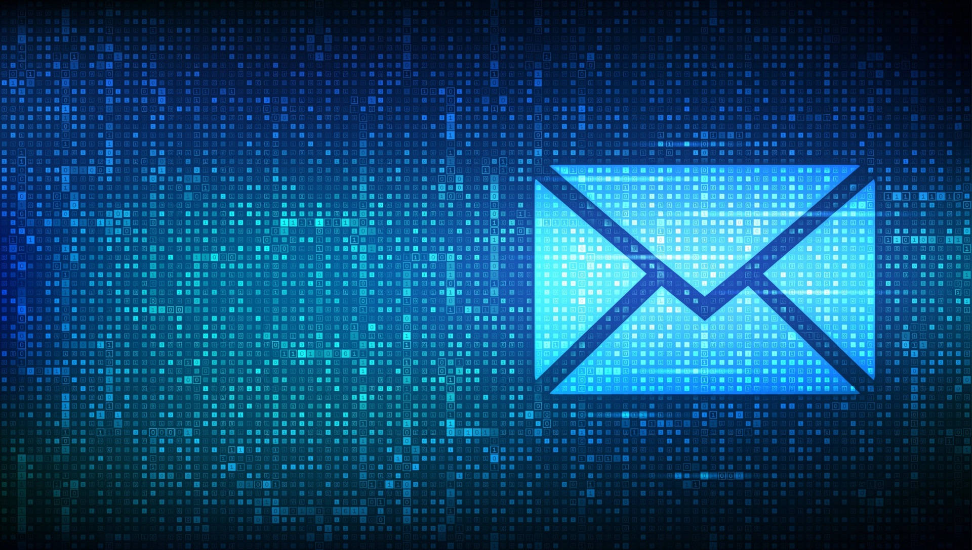 Email 桌布 壁紙 — 一個發光的藍色電子郵件圖示從帶有漸變藍色調的數位像素背景中浮現。