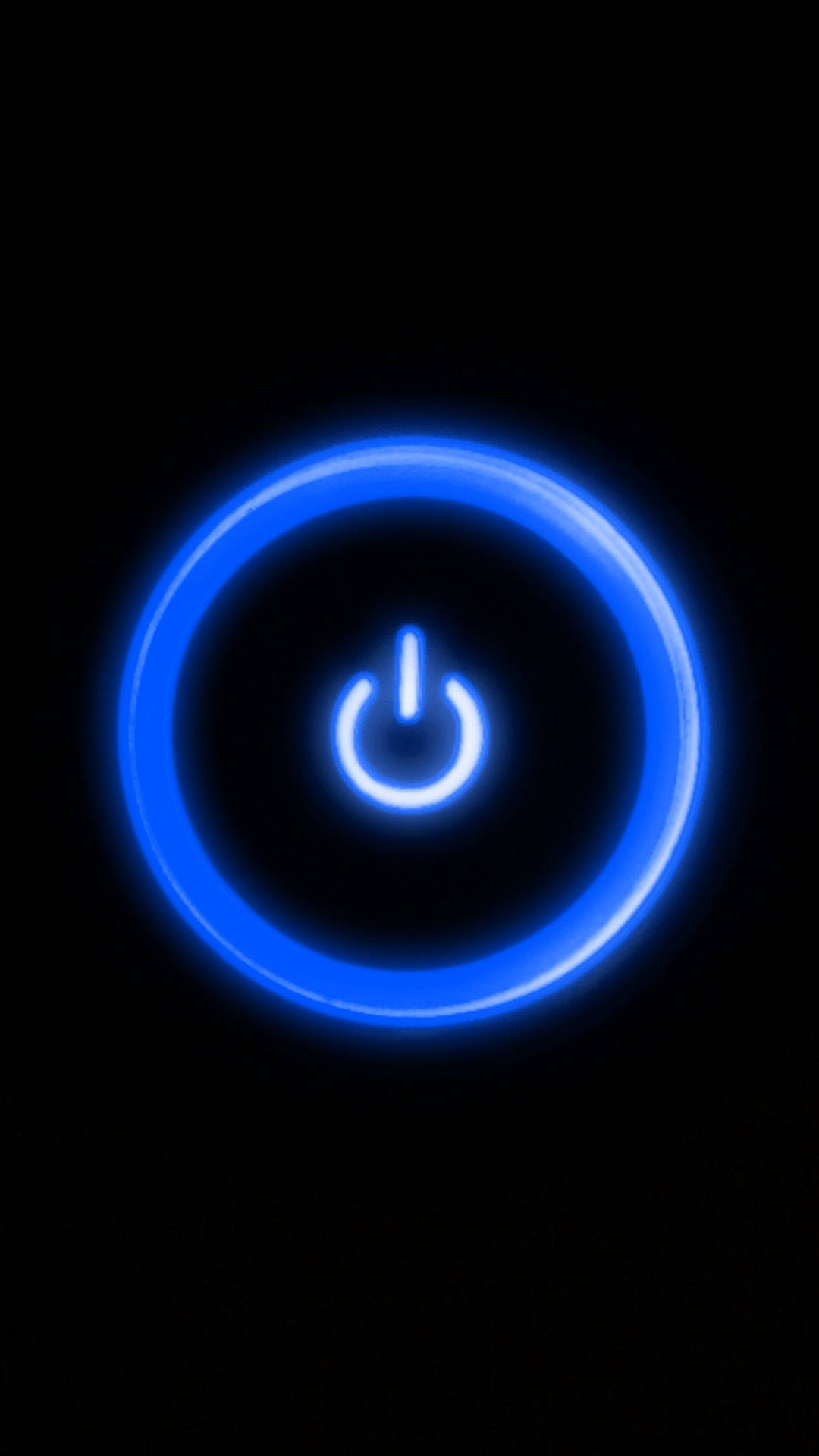 Neon Lights Aesthetic 桌布 壁紙 — 一個發光的藍色電源按鈕圖標在純黑色背景上柔和地散發光芒。