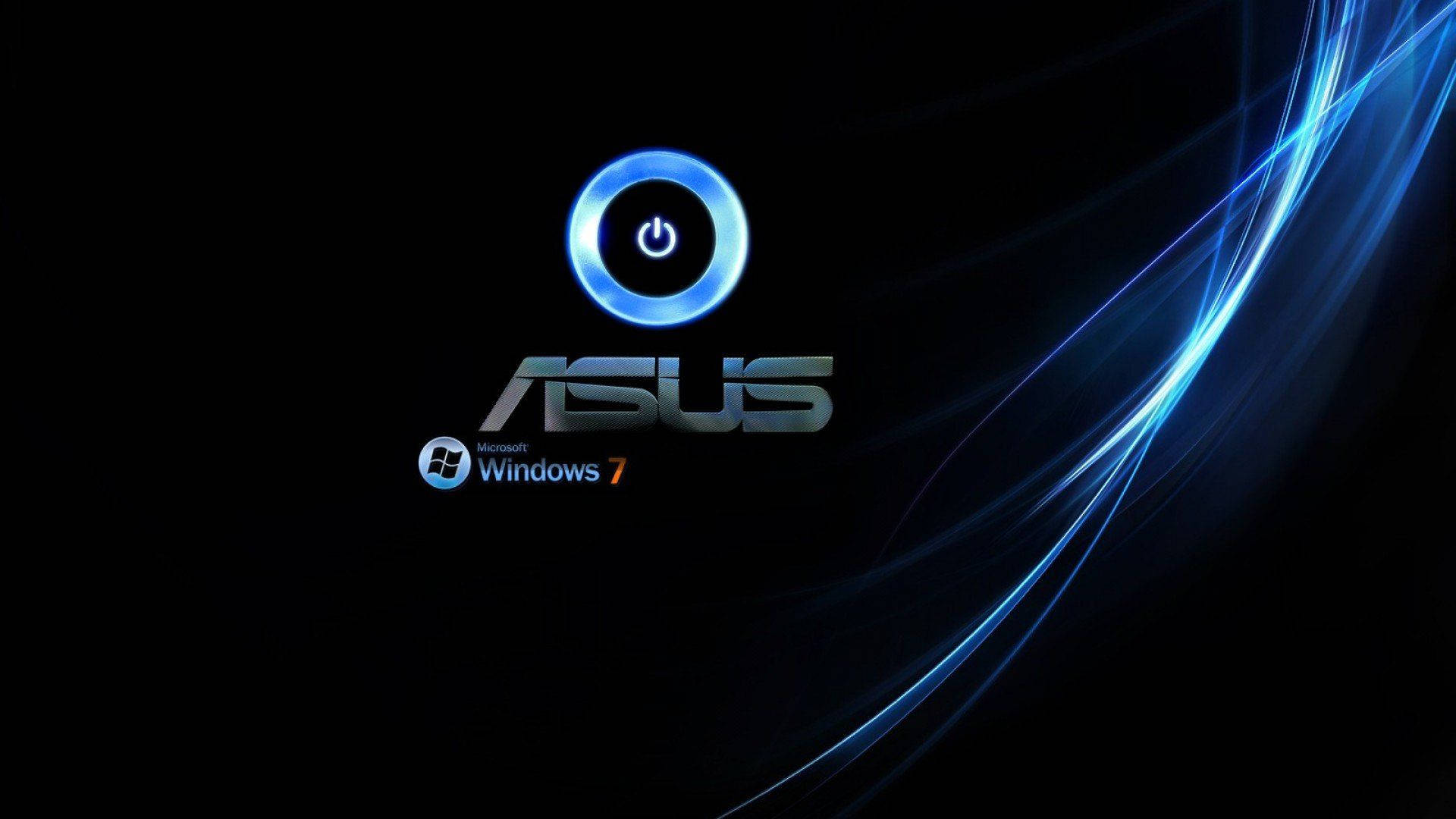 ASUS 桌布 壁紙 — 一個發光的藍色電源按鈕圖示懸浮在ASUS標誌和Windows 7品牌標識上方，背景為黑色，帶有動態藍色光跡。
