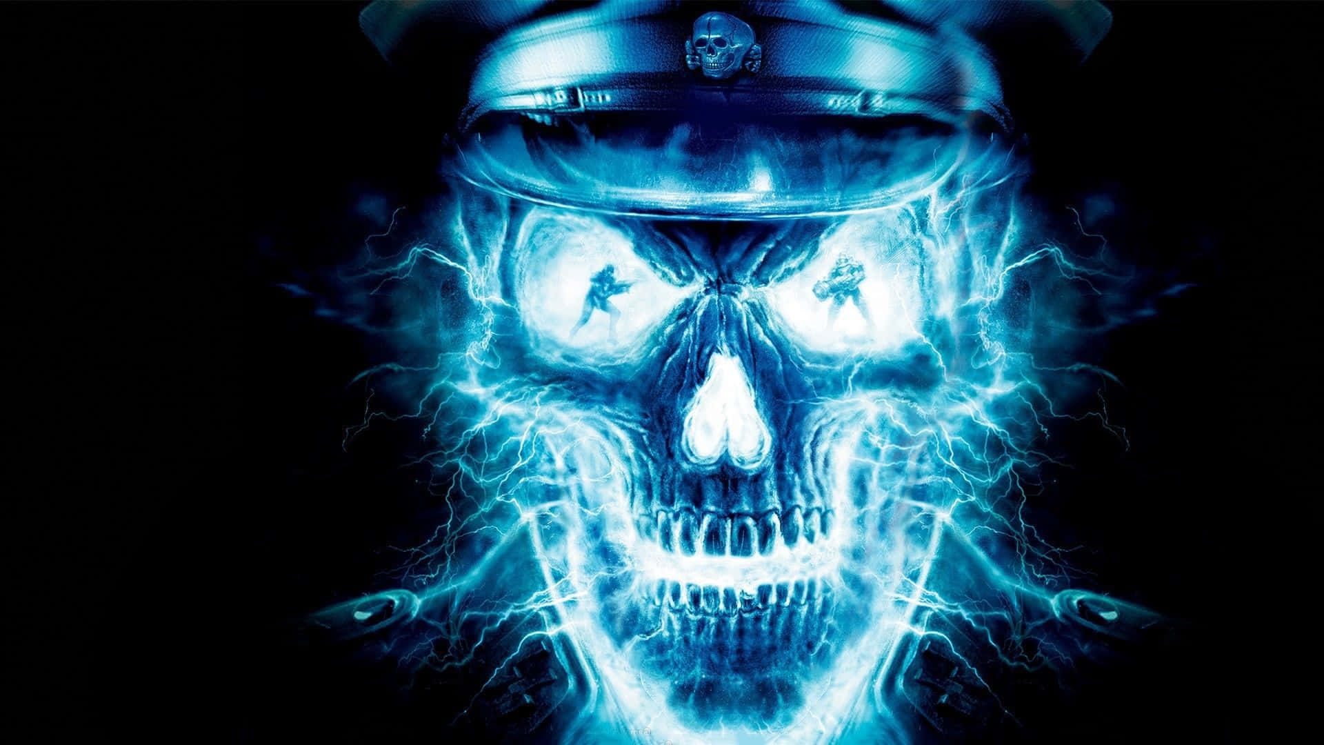 Cool Skull 桌布 壁紙 — 一個發光的藍色電骷髏，戴著軍帽，閃電在其威脅性的臉龐周圍劈啪作響。