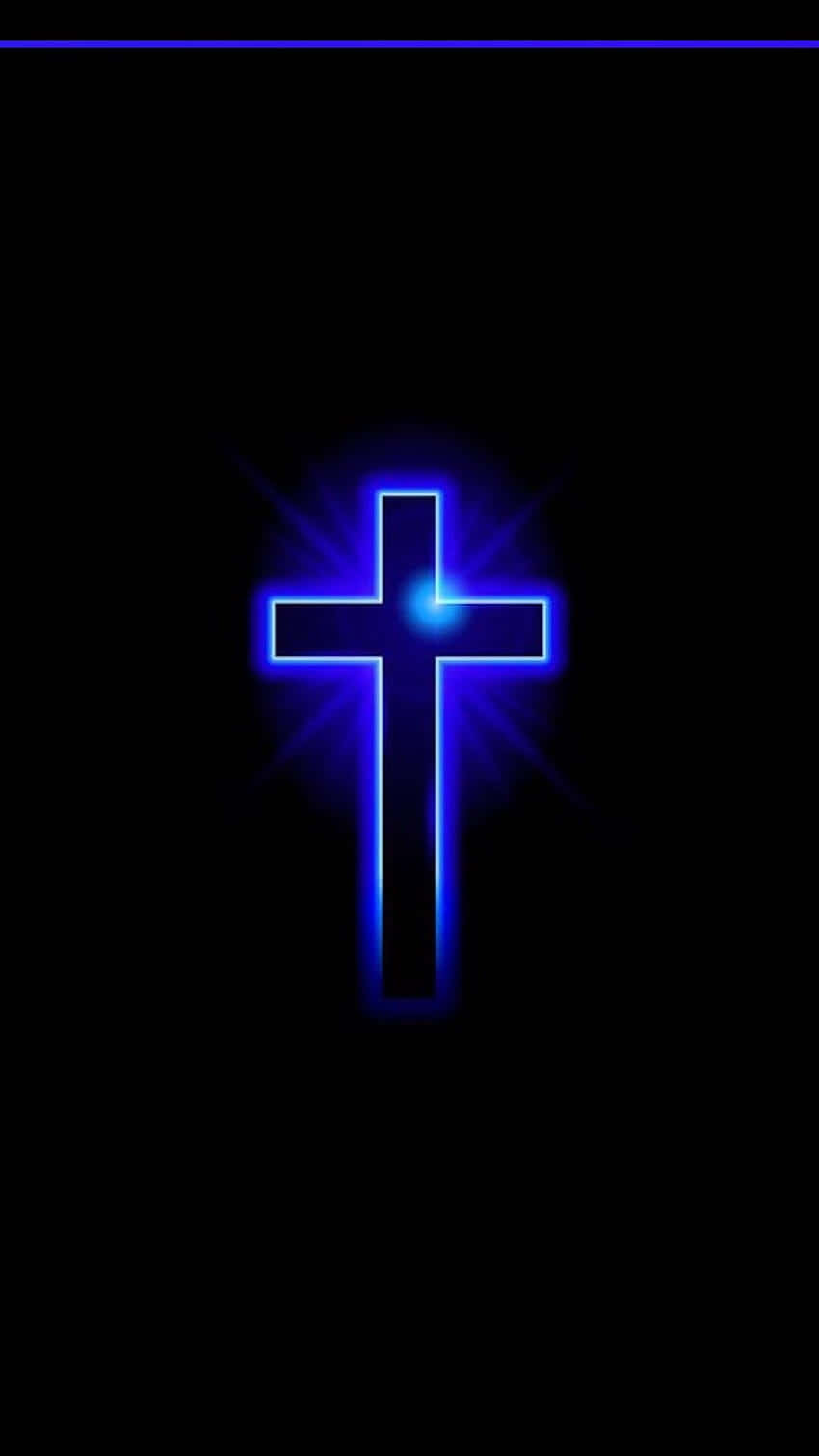 Jesus iPhone 桌布 壁紙 — 一個發光的藍色霓虹十字架在漆黑背景上散發光芒，頂部有一條細藍色線條。