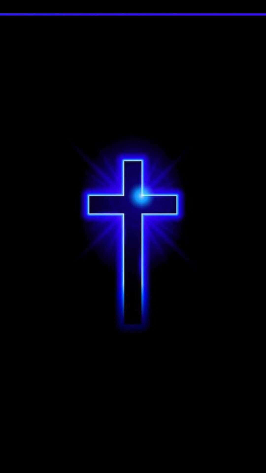 Cute Cross 桌布 壁紙 — 一個發光的藍色霓虹十字架在純黑色背景上散發光芒，頂部有一條細藍色線。