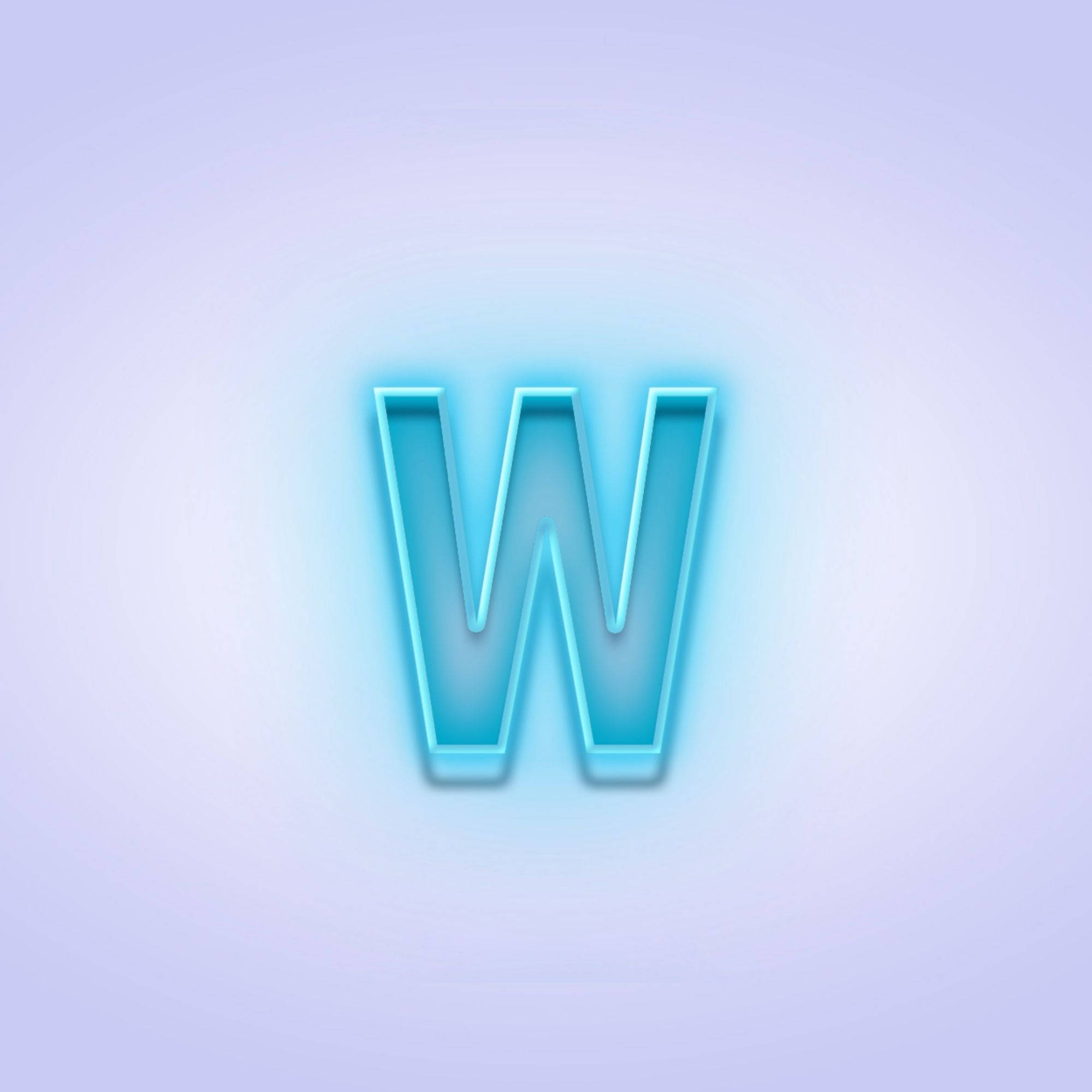 W 桌布 壁紙 — 一個發光的藍色霓虹字母W，位於柔和的薰衣草漸變背景中央。