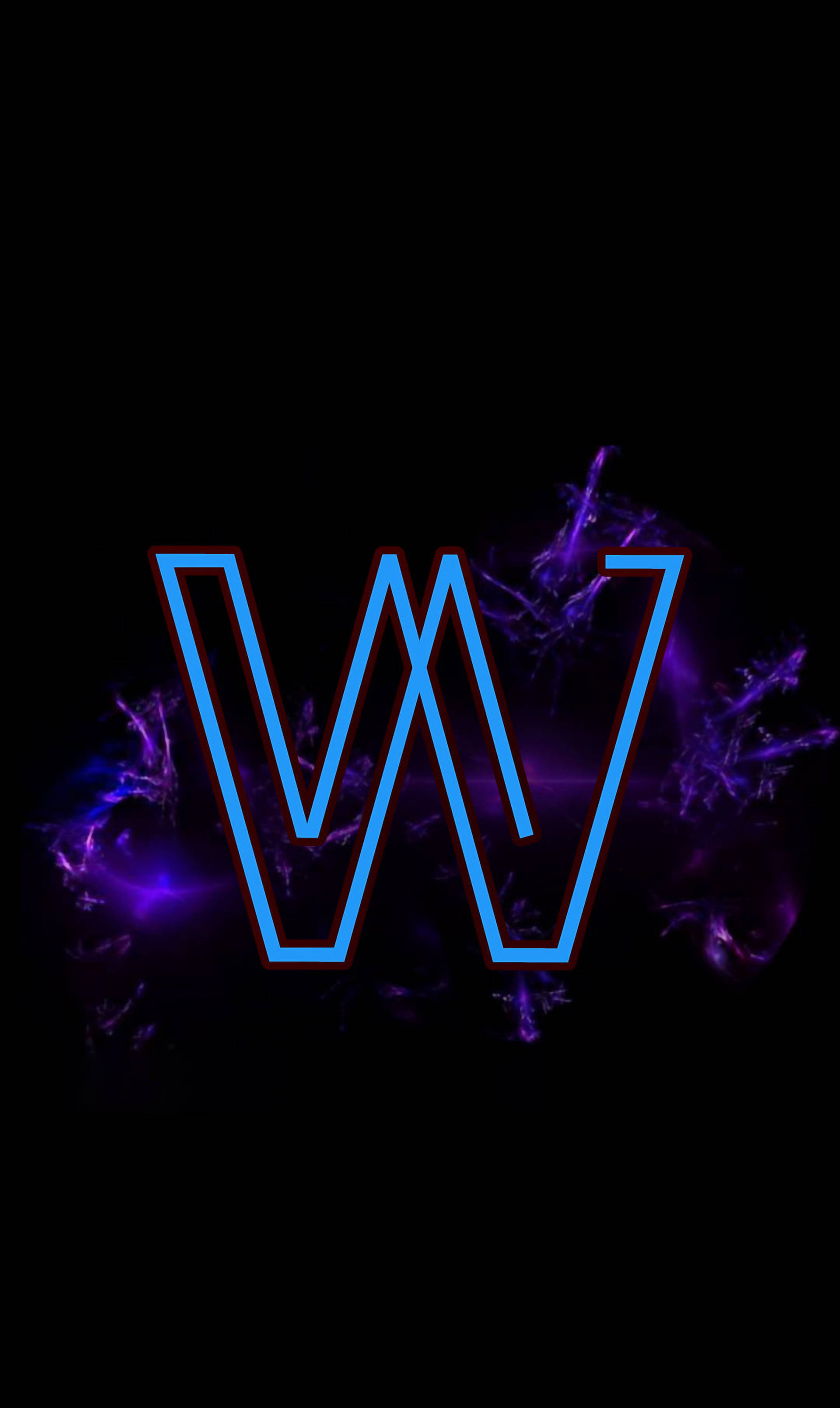 W 桌布 壁紙 — 一個發光的藍色霓虹字母W在黑色背景上脈動，帶有旋轉的紫色能量效果。