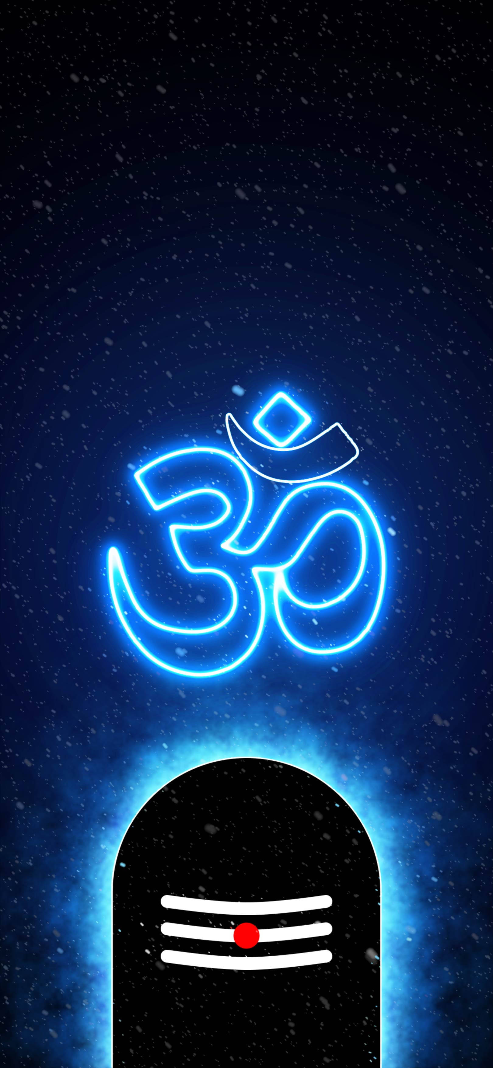 Hindi 桌布 壁紙 — 一個發光的藍色霓虹燈 Om 符號漂浮在黑色 Shiva Lingam 上方，背景是星空宇宙夜空。
