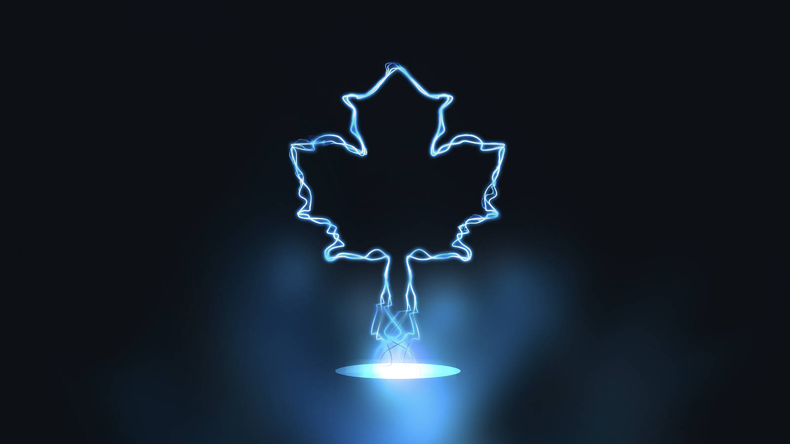 Leafs 桌布 壁紙 — 一個發光的藍色霓虹燈楓葉輪廓懸浮在光源上方，背景為深色。
