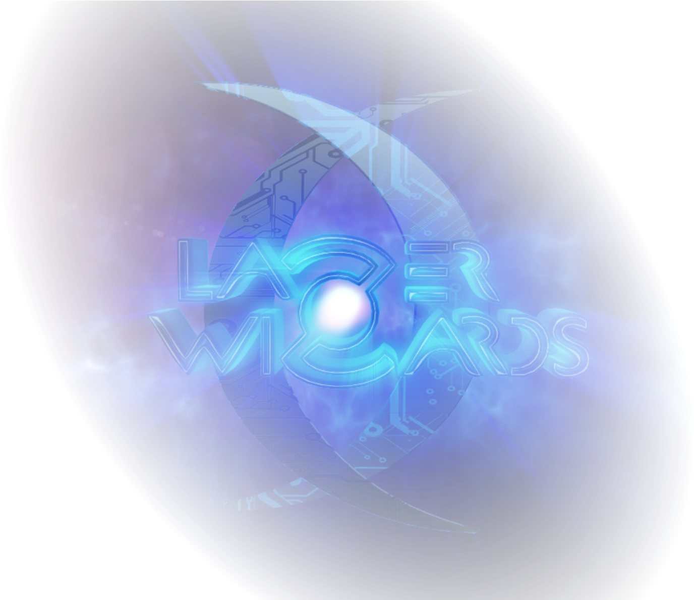 魔法動圖 桌布 壁紙 — 一個發光的藍色霓虹燈標誌「Laser Wizards」在黑暗星雲背景下於宇宙球體內脈動。