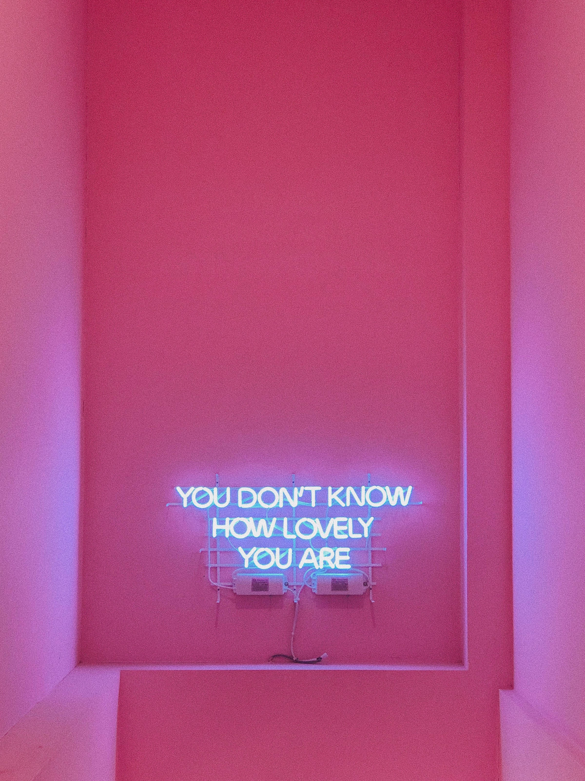 Quote 桌布 壁紙 — 一個發光的藍色霓虹燈牌，上面寫著「YOU DON'T KNOW HOW LOVELY YOU ARE」，安裝在一個簡約房間的鮮豔粉紅牆上。