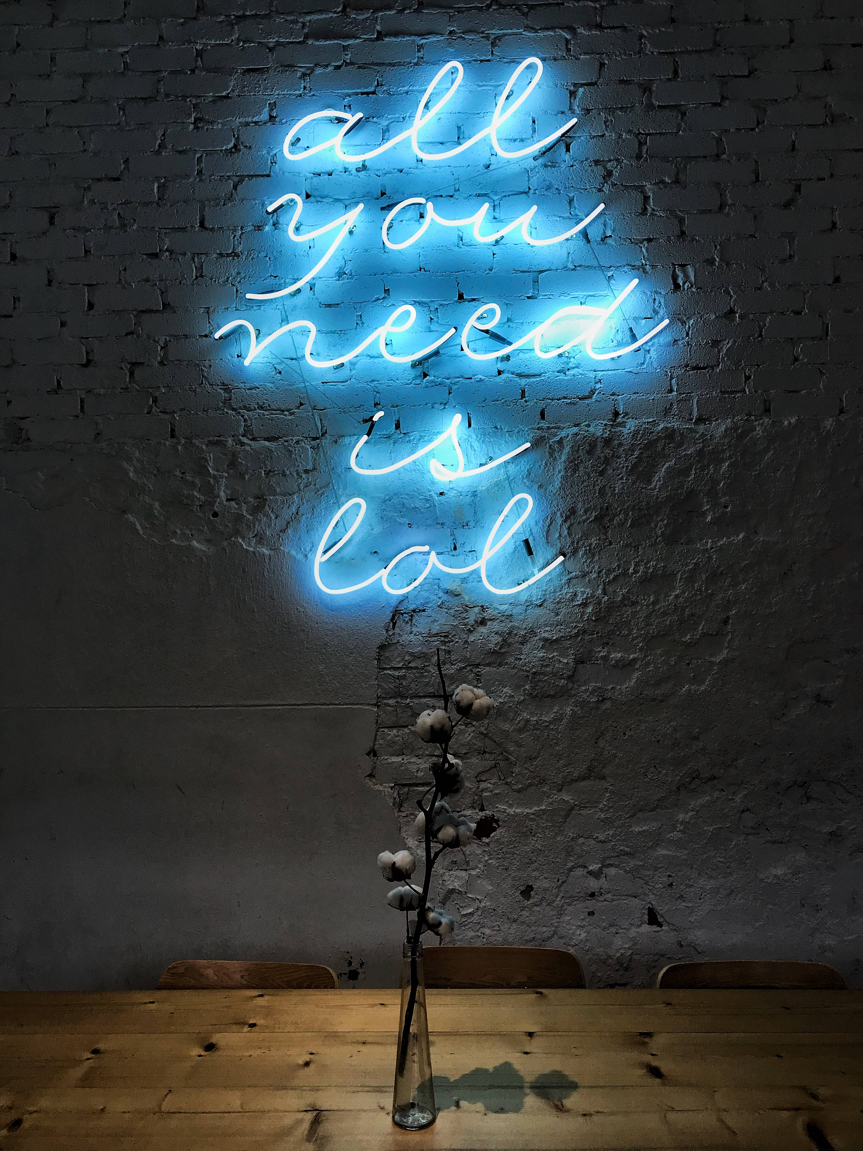 酷炫霓虹 桌布 壁紙 — 一個發光的藍色霓虹燈牌，上面寫著「all you need is lol」，照亮了質樸的磚牆，牆下是一張木桌，桌上玻璃花瓶裡插著一根棉花枝。
