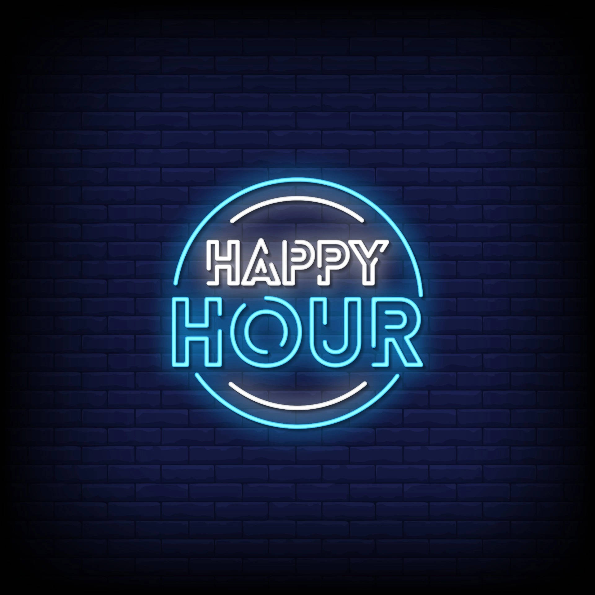 Hour 桌布 壁紙 — 一個發光的藍色霓虹燈牌，在圓圈內顯示 'HAPPY HOUR'，背景是深色磚牆。