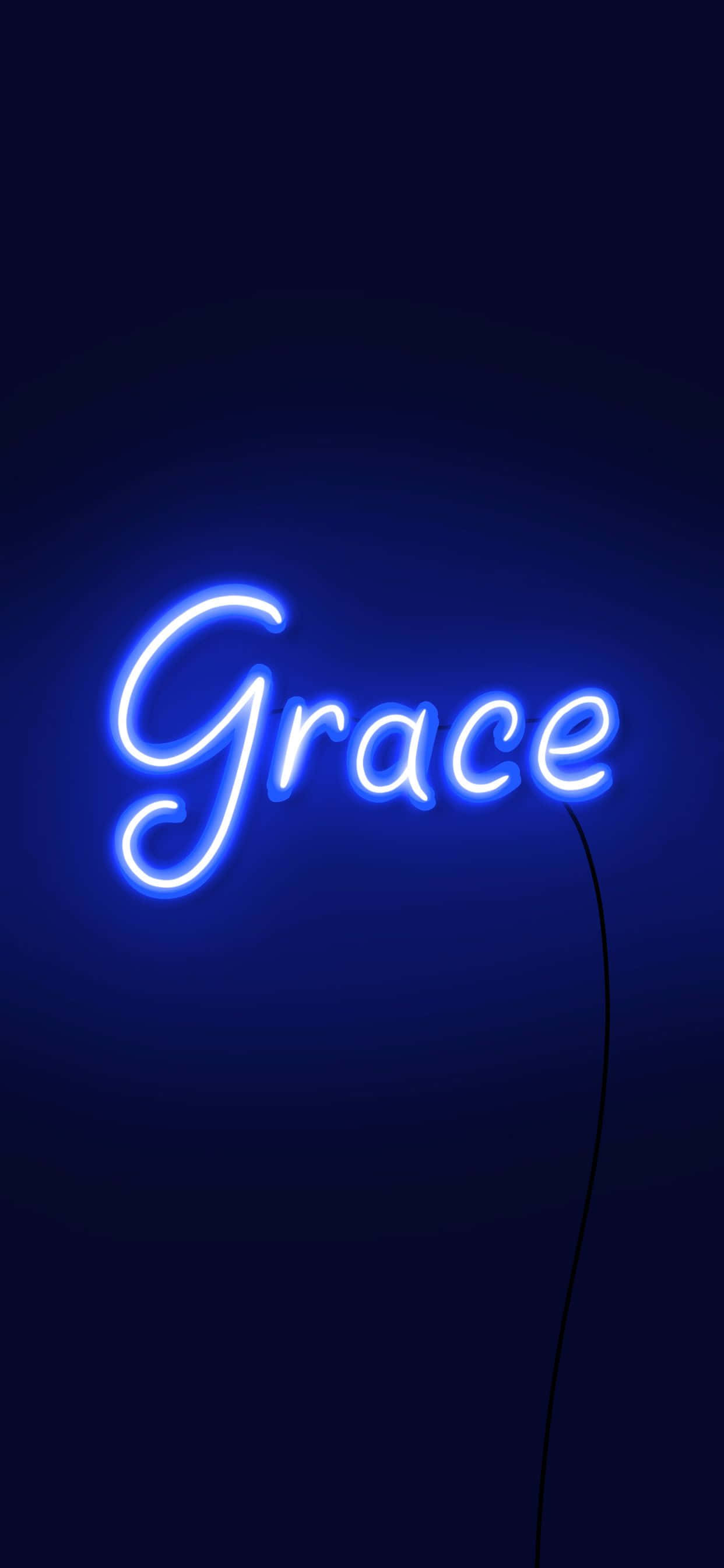 grace 桌布 壁紙 — 一個發光的藍色霓虹燈牌，在深海軍藍背景上拼出 Grace，並帶有可見的電源線。