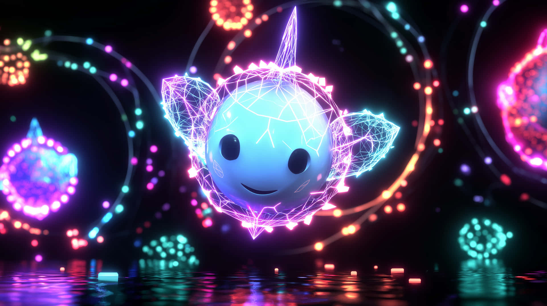 Smiling Geometric Alien Character Floating in Neon Space 壁紙 — 一個發光的藍色霓虹生物，帶有線框翅膀，漂浮在反射表面上方，周圍環繞著彩色圓形光圖案。