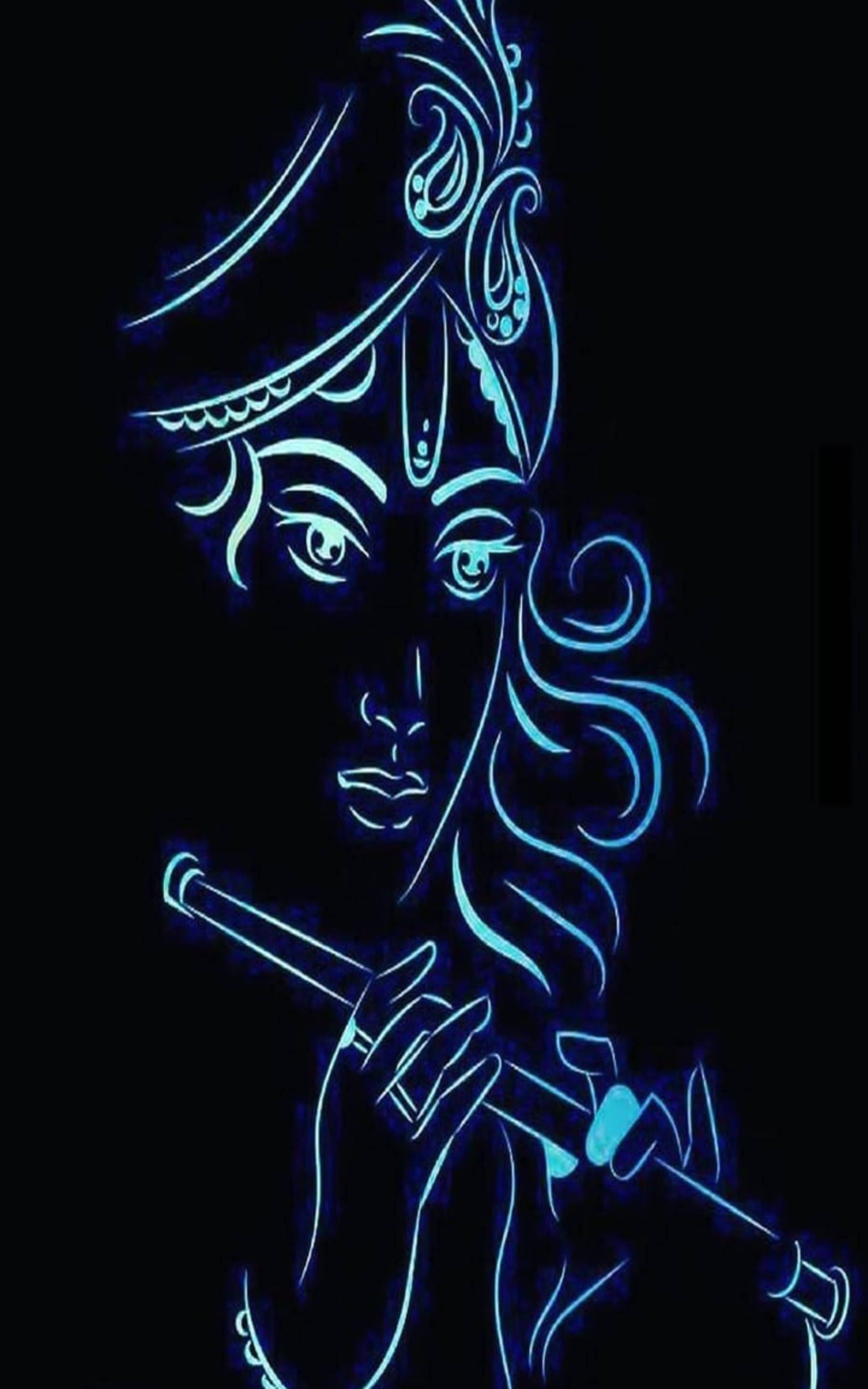 手機 桌布 壁紙 — 一個發光的藍色霓虹輪廓，描繪一位寧靜的女性在黑色背景前吹奏長笛。