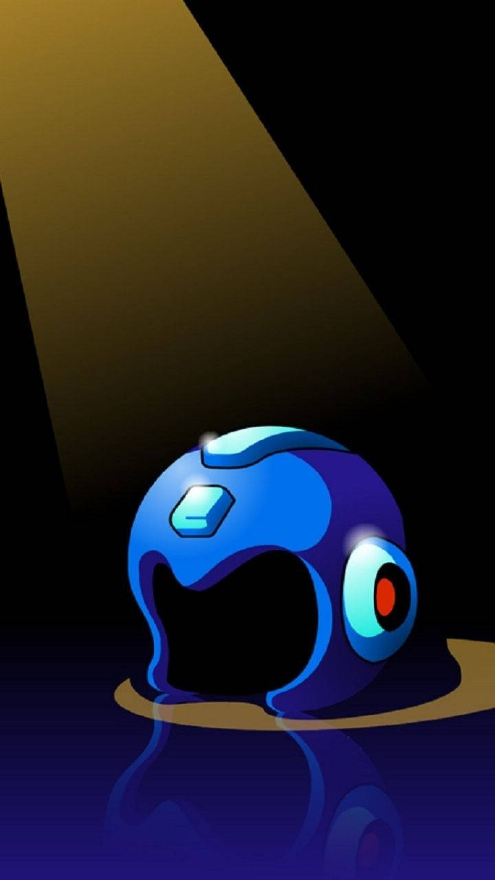 Megaman 桌布 壁紙 — 一個發光的藍色頭盔，帶有紅色眼睛，獨自坐在聚光燈下的反光表面上。