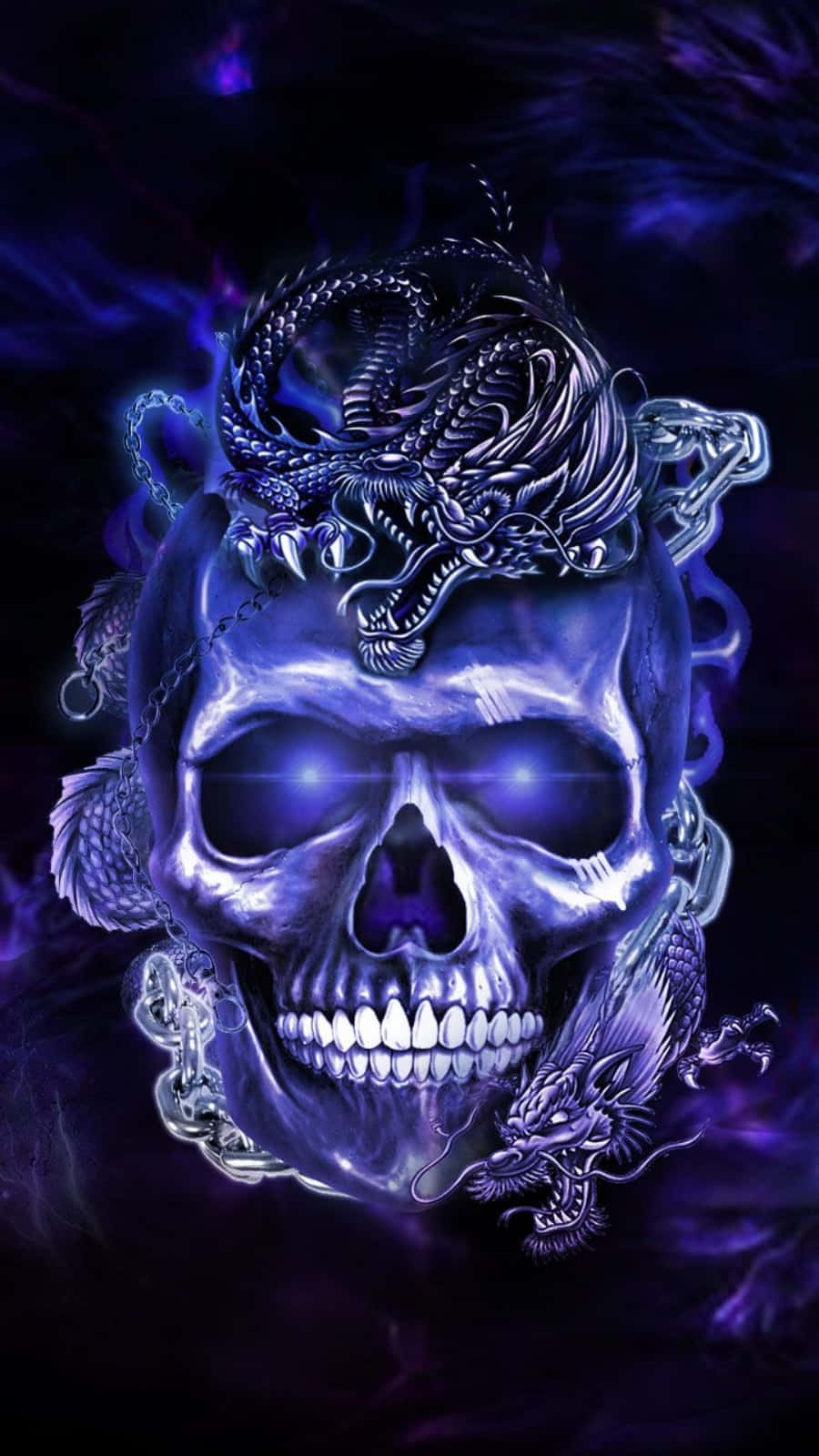 Cool Skull 桌布 壁紙 — 一個發光的藍色頭骨，上面纏繞著複雜的龍，背景是深紫色的煙霧。
