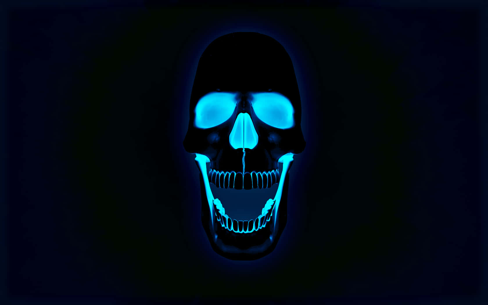 Black Skeleton 桌布 壁紙 — 一個發光的藍色頭骨，帶有發光的眼窩和牙齒，置於深色背景上。