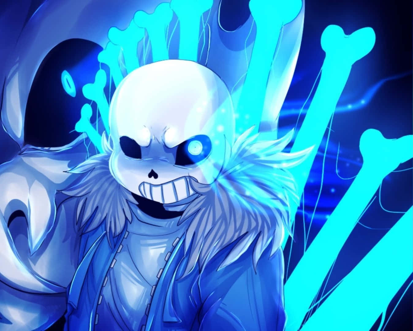 Sans 桌布 壁紙 — 一個發光的藍色骷髏動漫角色，咧嘴大笑，帶有骨狀尖刺，在黑暗背景下散發能量。