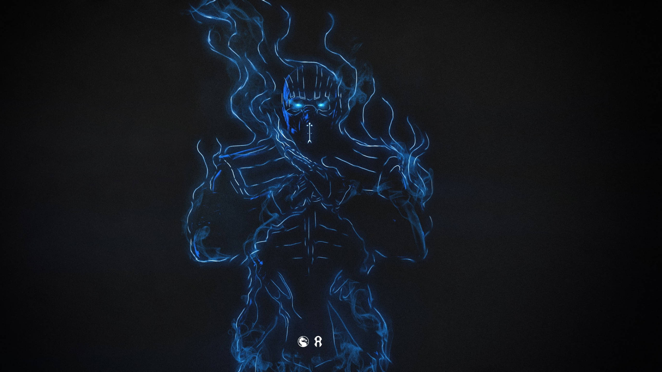 Sub-zero 桌布 壁紙 — 一個發光的藍色骷髏形狀，帶有電擊觸手，從黑暗中浮現，以數位藝術風格呈現。