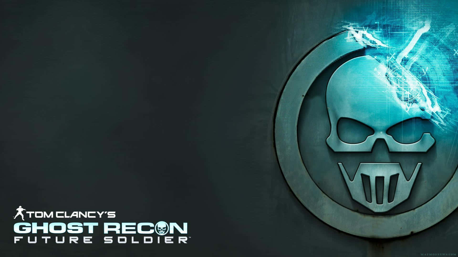 Ghost Recon 桌布 壁紙 — 一個發光的藍色骷髏標誌，帶有數位閃電裂紋，位於圓形金屬框架內，背景為深灰色牆壁。