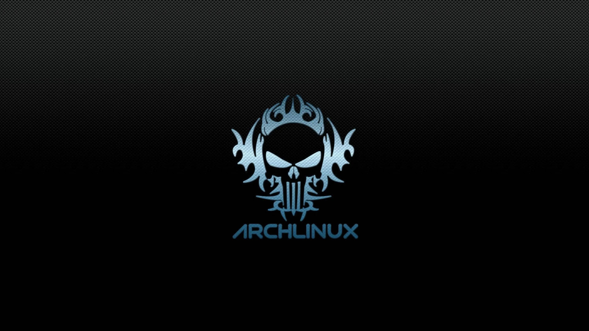 標誌 桌布 壁紙 — 一個發光的藍色骷髏標誌，帶有華麗的火焰和 'ARCHLINUX' 文字，居中在深色紋理背景上。