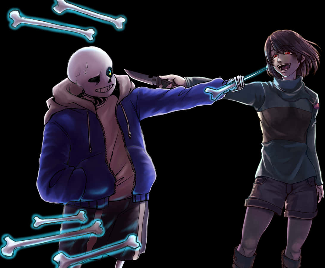 Undertale 桌布 壁紙 — 一個發光的藍色骷髏穿著連帽衫，與一個手持骨劍的紅眼女孩在黑色背景上對峙。
