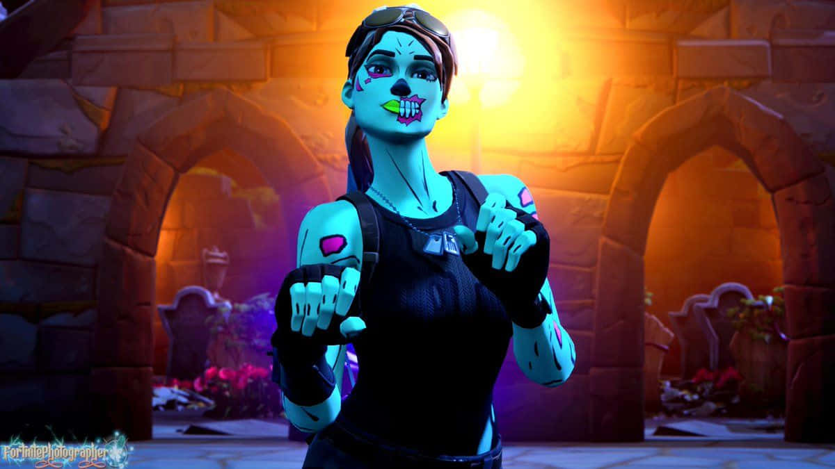 Cool Ghoul Trooper 桌布 壁紙 — 一個發光的藍色骷髏角色，戴著護目鏡和黑色上衣，站在石頭墓穴中，沐浴在溫暖的橙色燈光下。
