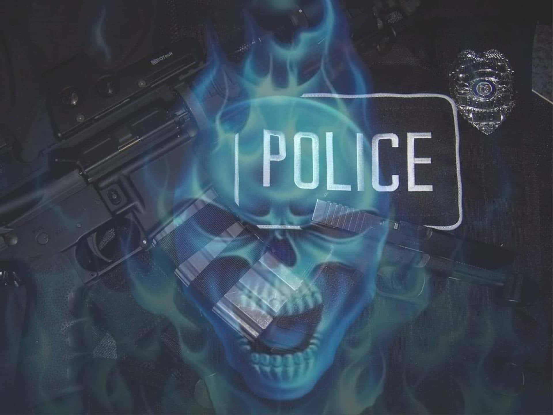 Law Enforcement 桌布 壁紙 — 一個發光的藍色骷髏頭，帶有警察徽章和槍械，在黑暗背景中散發出詭異的火焰。