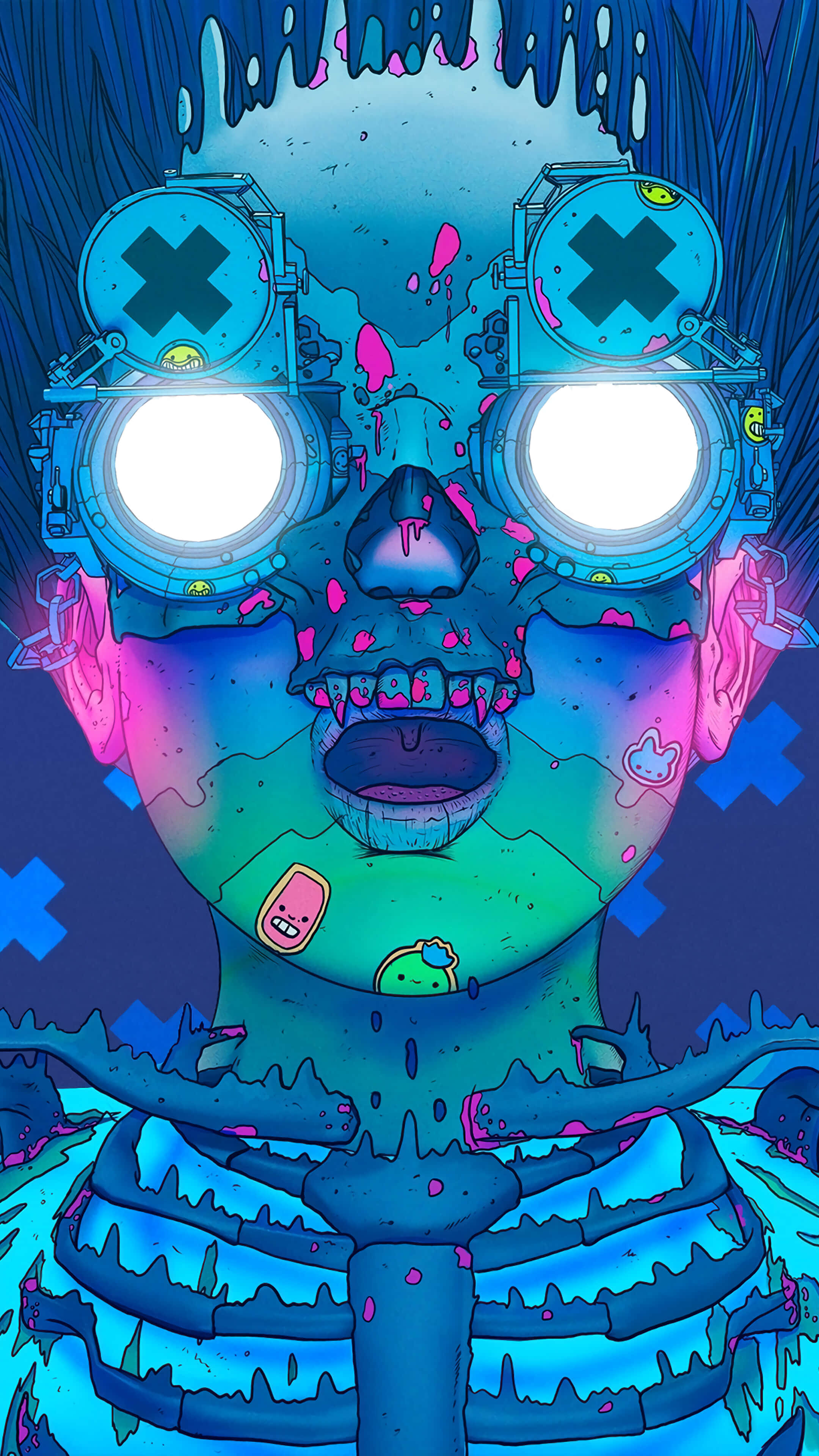 macabre 桌布 壁紙 — 一個發光的藍色骷髏頭，戴著超大護目鏡，滴著螢光粉紅色黏液，背景為黑暗的超現實數位插圖。