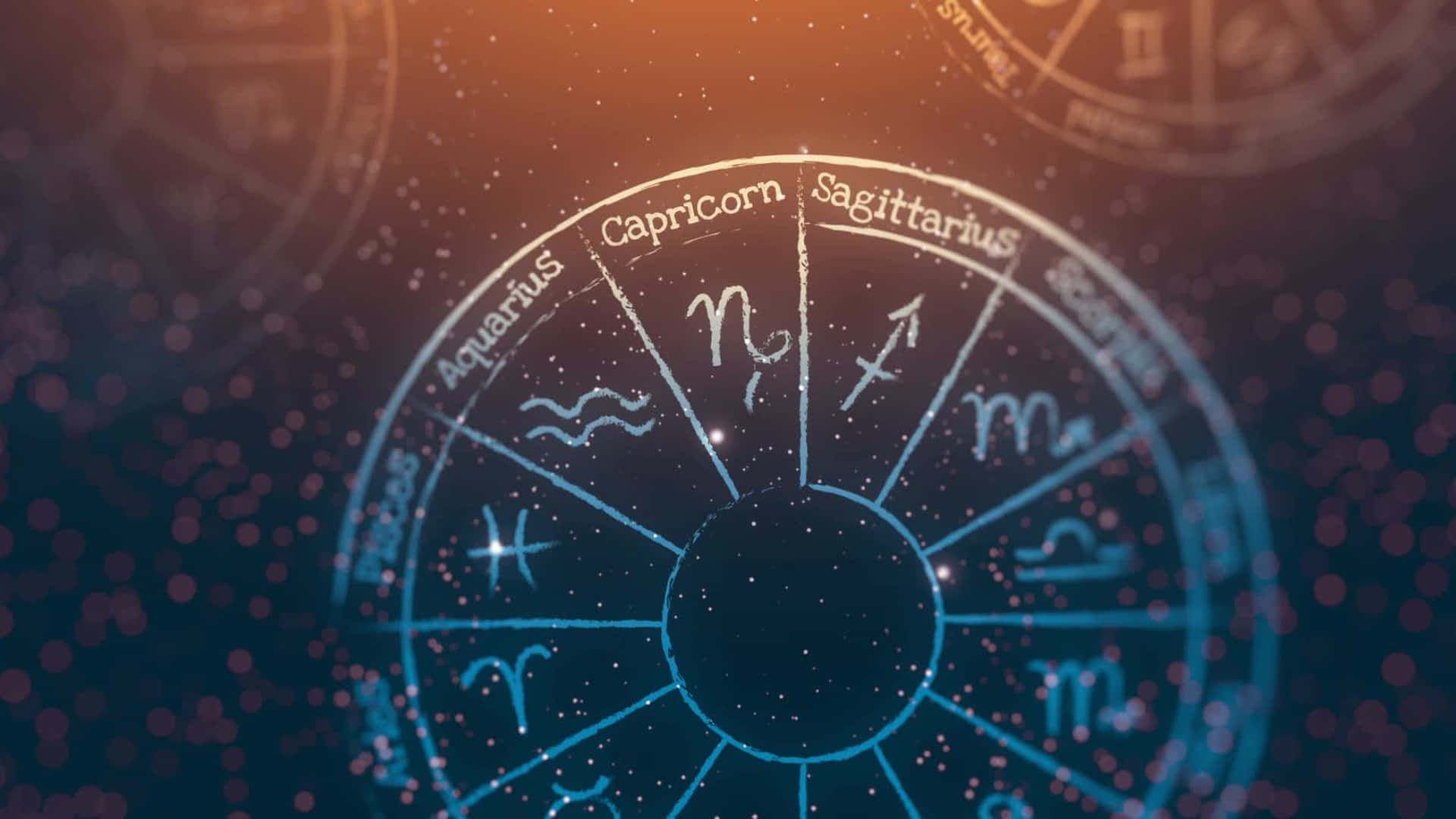 Cancer Zodiac Sign 桌布 壁紙 — 一個發光的藍色黃道輪，帶有星座符號和名稱，背景是星光燦爛的宇宙，帶有溫暖的橙色光芒。