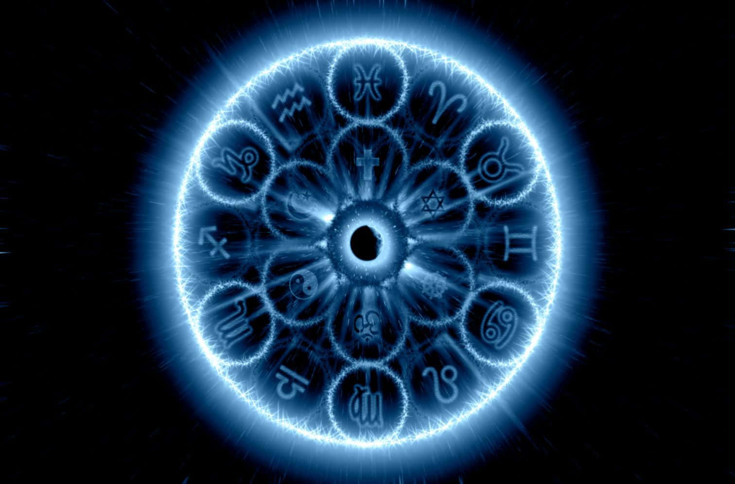 zodiac 桌布 壁紙 — 一個發光的藍色黃道輪帶有占星符號，在黑暗的宇宙背景下散發能量。
