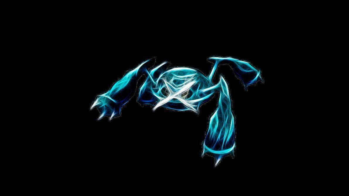 Metagross 桌布 壁紙 — 一個發光的藍色龍形生物，擁有鋒利的爪子和翅膀，以白色勾勒輪廓，漂浮在純黑色背景上。