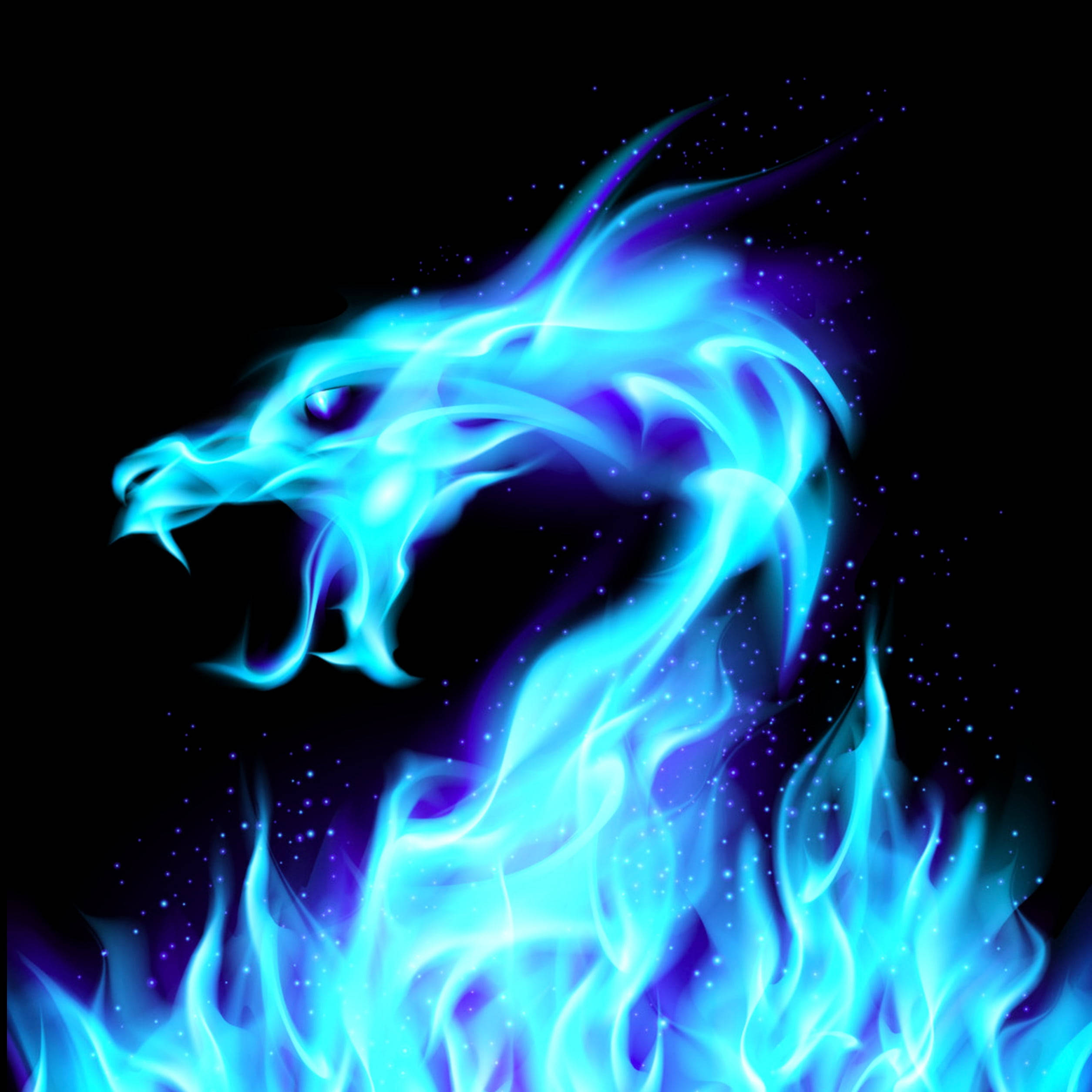 Flame 桌布 壁紙 — 一個發光的藍色龍頭從熾熱的火焰中浮現，背景是繁星點點的黑色。