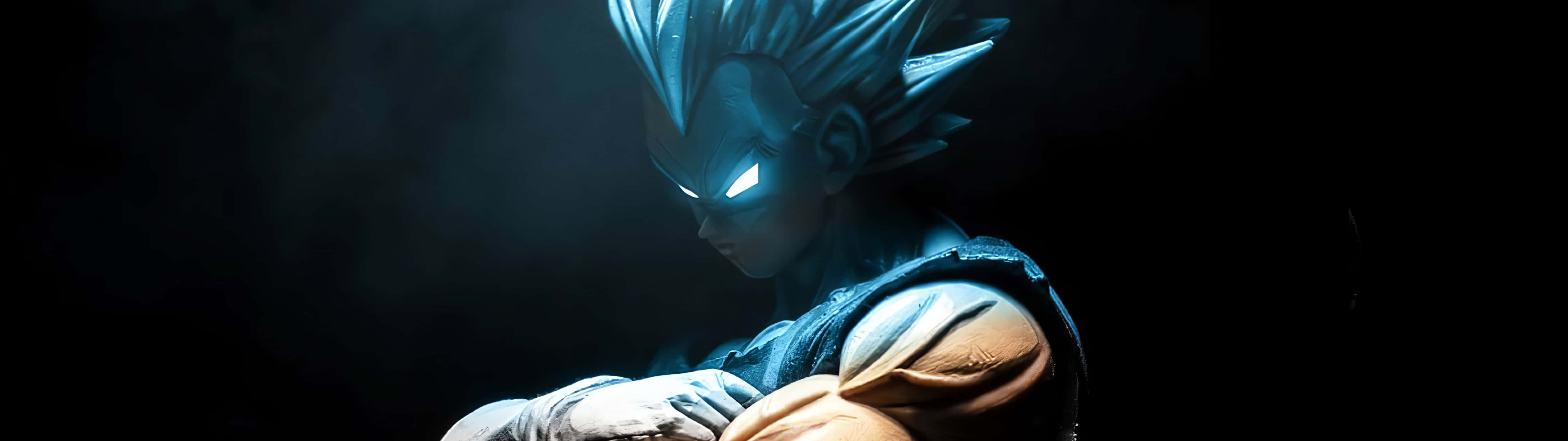 Cool Vegeta 桌布 壁紙 — 一個發光的藍髮動漫戰士，眼神銳利，坐在陰影中，在黑暗的電影場景中散發力量。