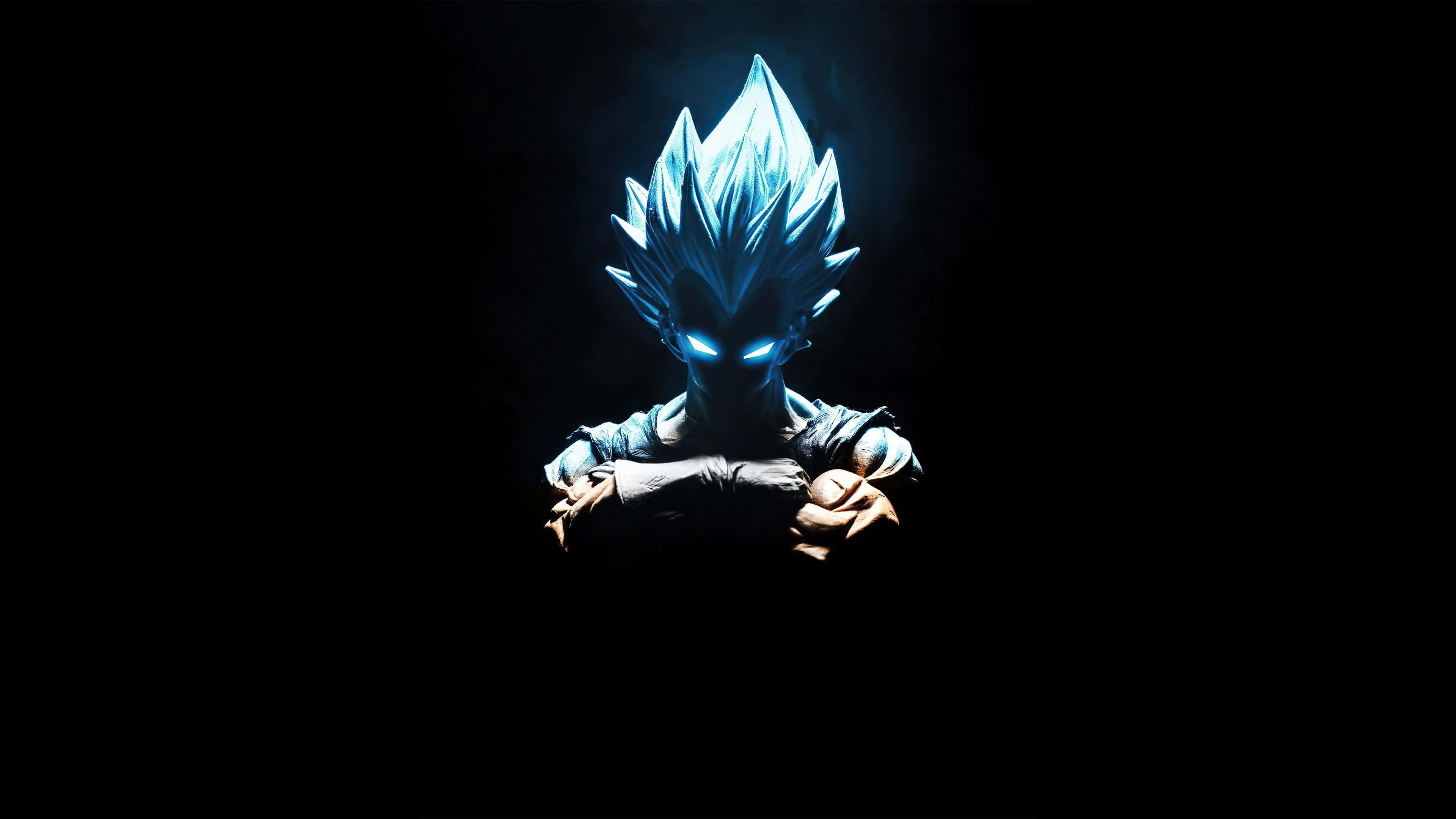 Goku Black 4K 桌布 壁紙 — 一個發光的藍髮動漫角色，眼神銳利，雙臂交叉站在黑暗中，散發著力量。