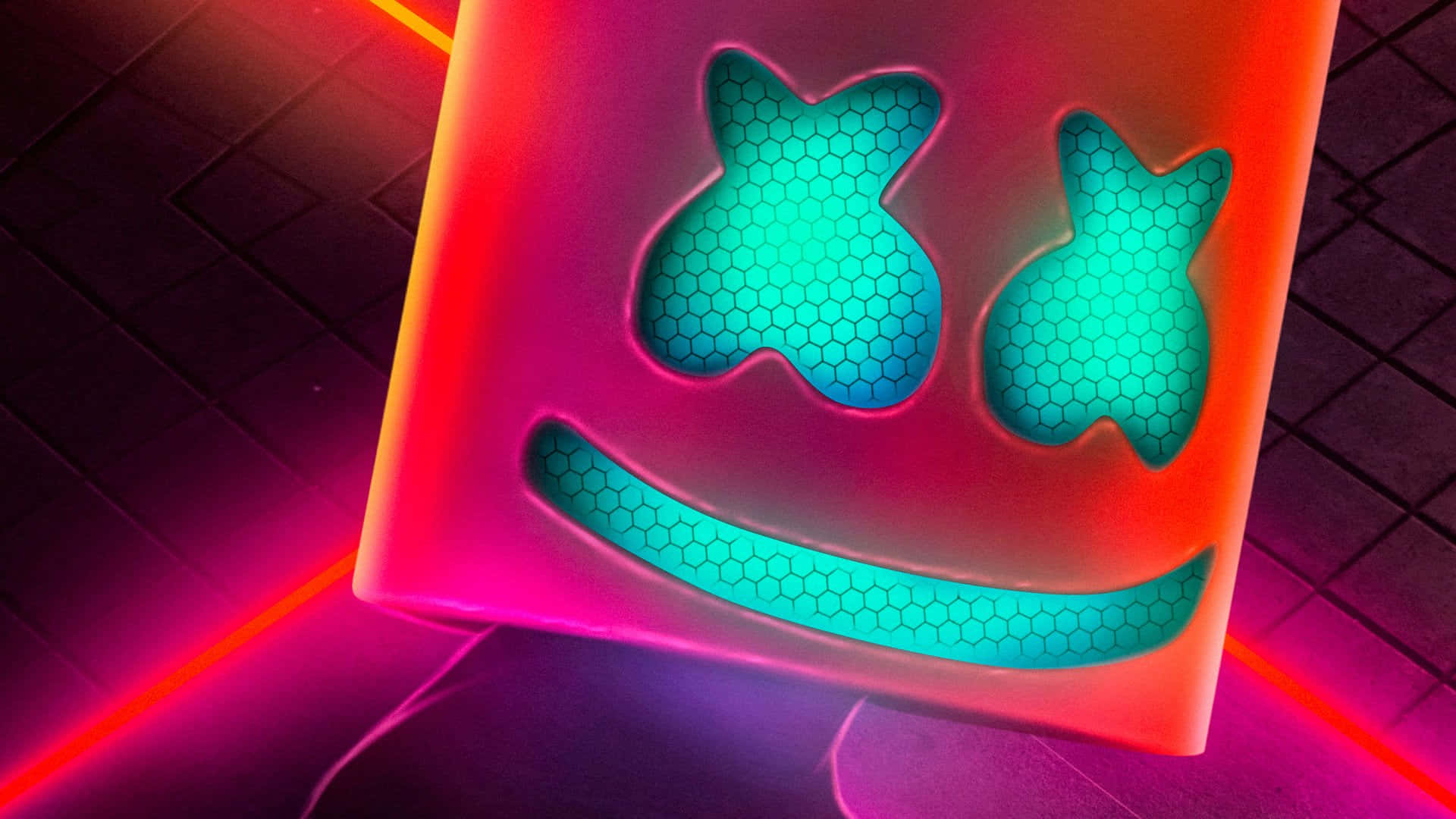 Marshmello 動態圖 桌布 壁紙 — 一個發光的螢光粉紅立方體，帶有青色六邊形笑臉，在黑暗的瓷磚背景上漂浮，伴隨著充滿活力的光線條紋。