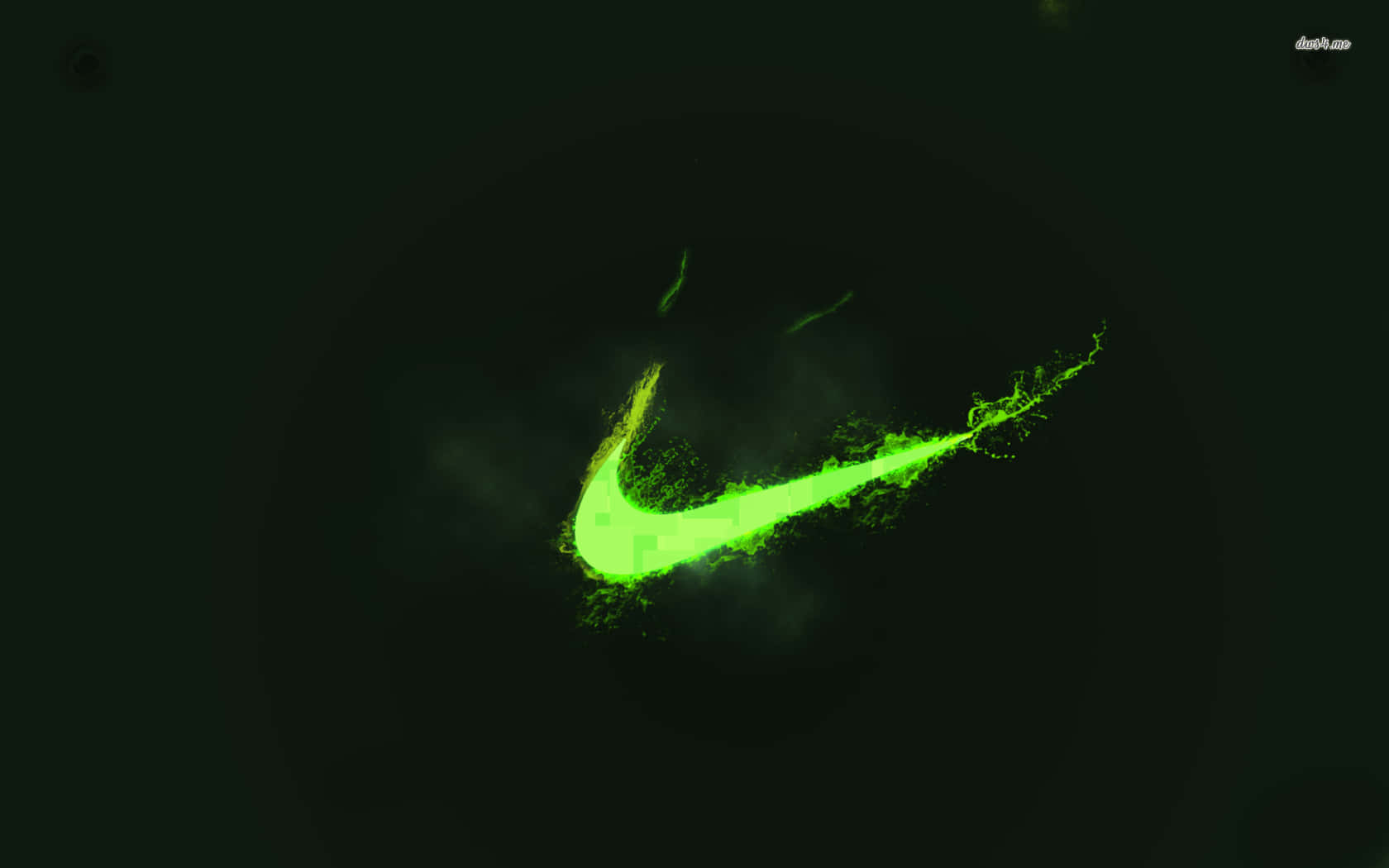 Lime Green Aesthetic 桌布 壁紙 — 一個發光的螢光綠色Nike勾勾在黑暗背景上爆發粒子效果。
