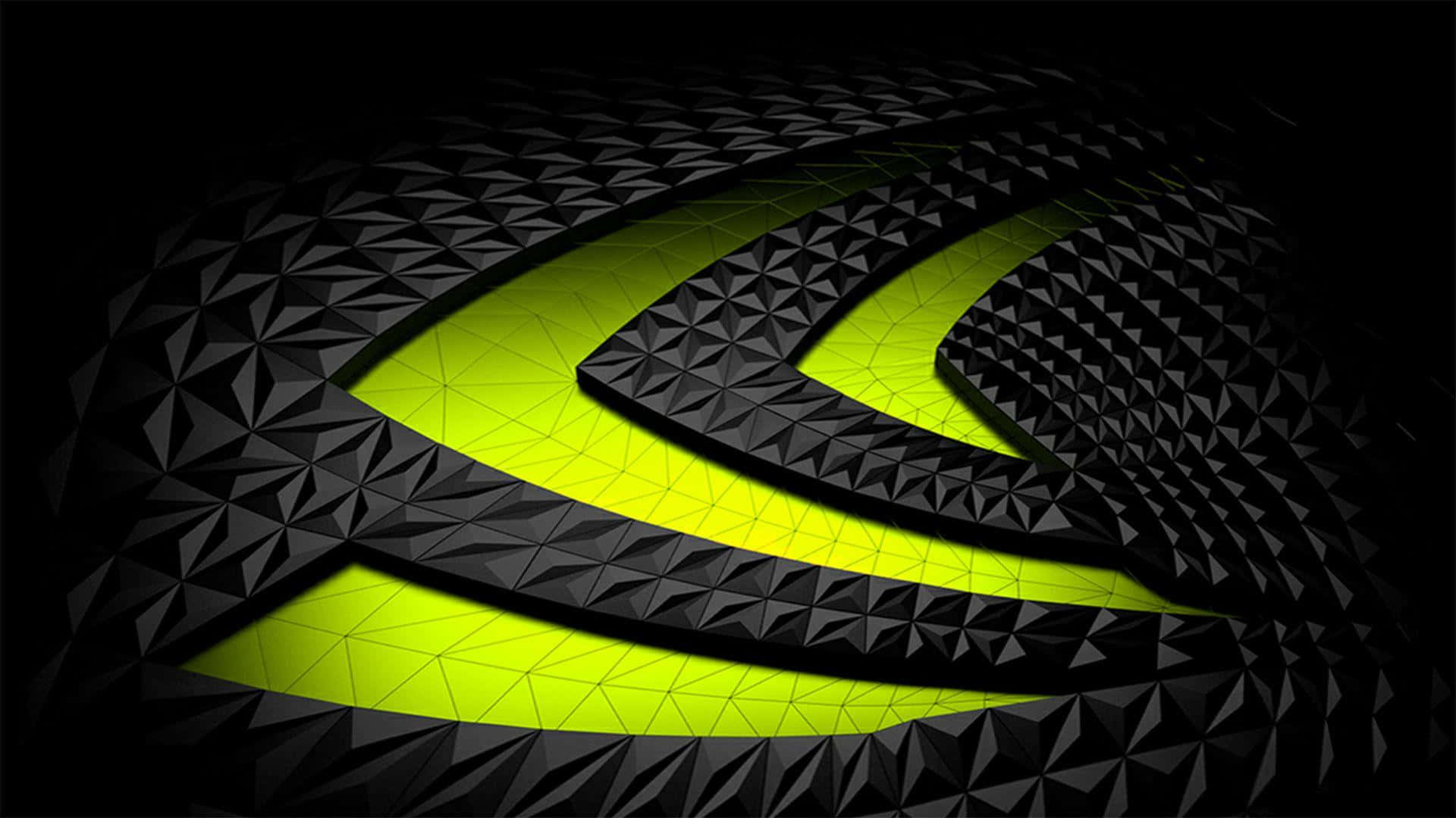 nvidia 桌布 壁紙 — 一個發光的螢光綠色NVIDIA標誌從帶有銳利陰影的深色幾何三角形圖案中浮現。