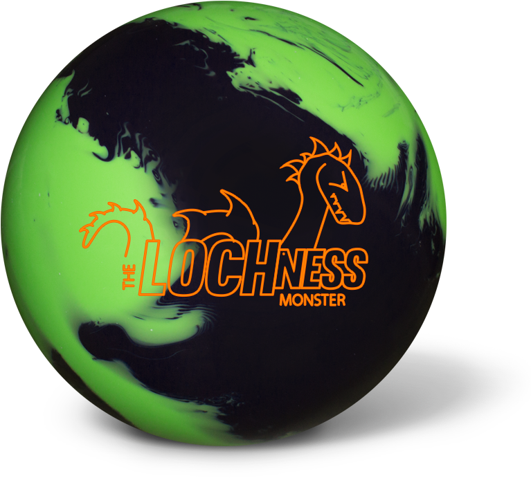 ball 桌布 壁紙 — 一個發光的螢光綠色和黑色保齡球，帶有橙色尼斯湖水怪標誌，背景為黑色。