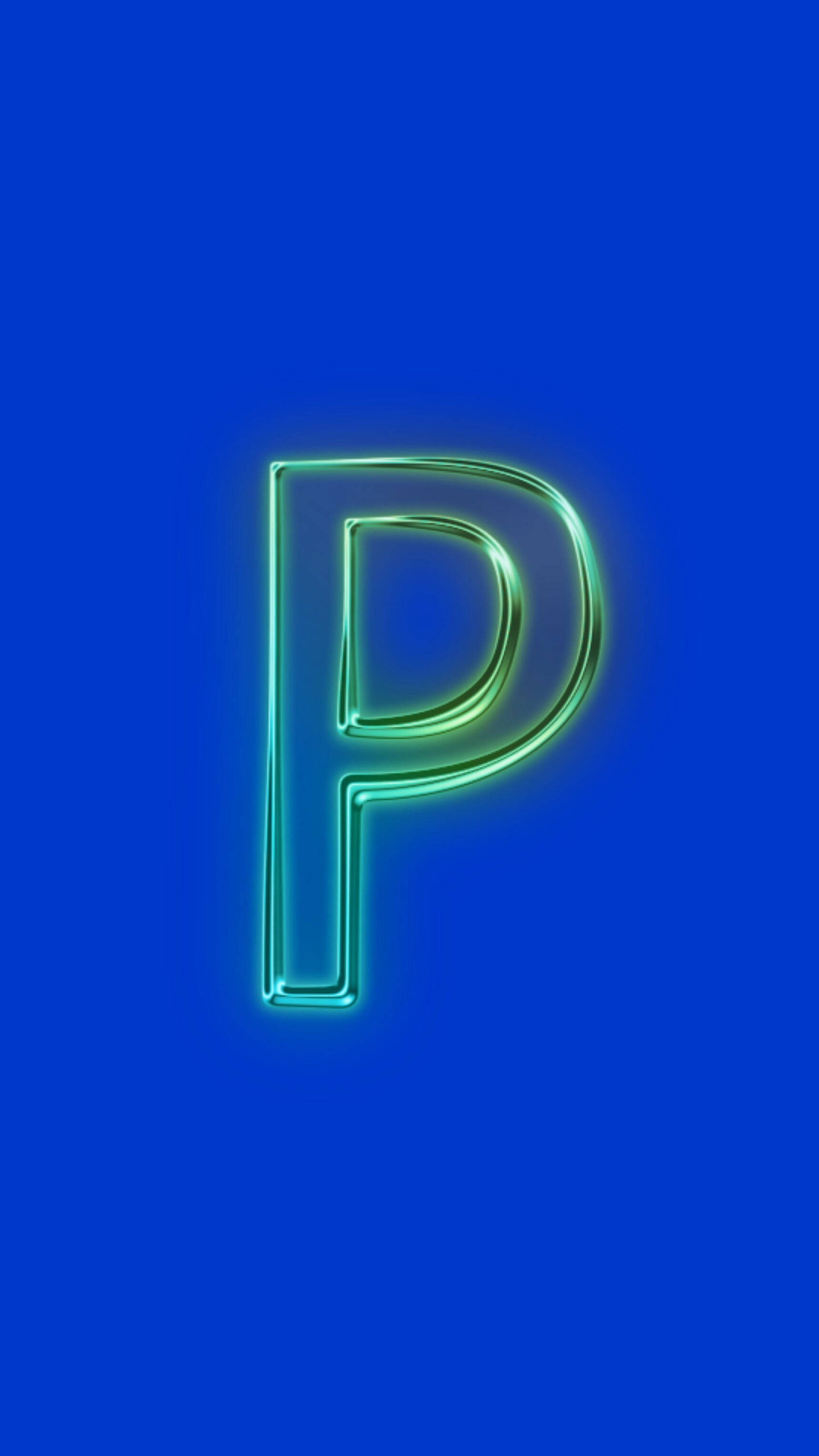 字母P 桌布 壁紙 — 一個發光的螢光綠色字母P在純皇家藍色背景上脫穎而出。