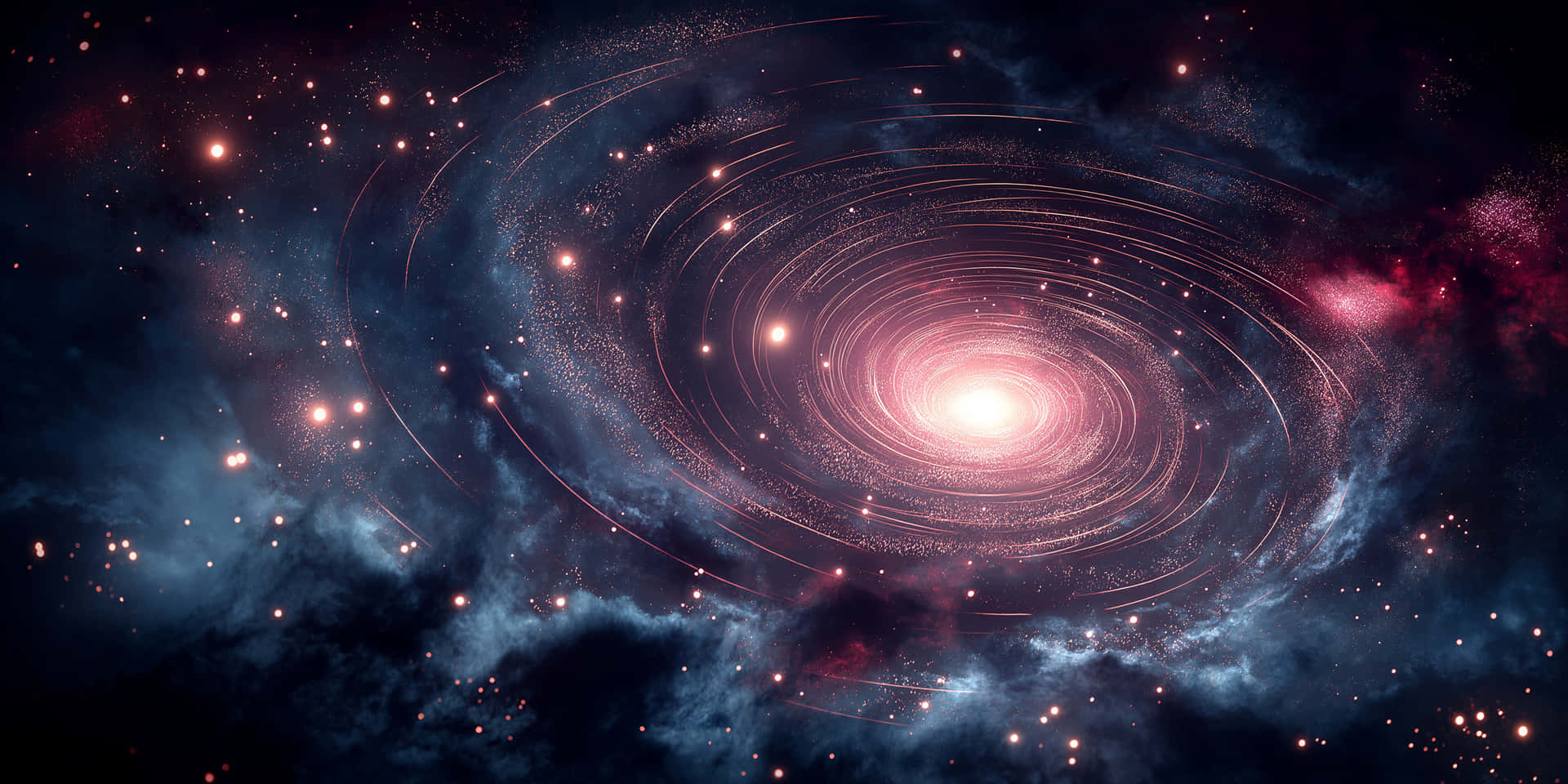 3D Wallpaper Cosmic Swirling Wormhole in Deep Space 壁紙 — 一個發光的螺旋星系，帶有粉紅色和藍色星雲，圍繞著一個明亮的核心旋轉，周圍環繞著軌道運行的恆星。