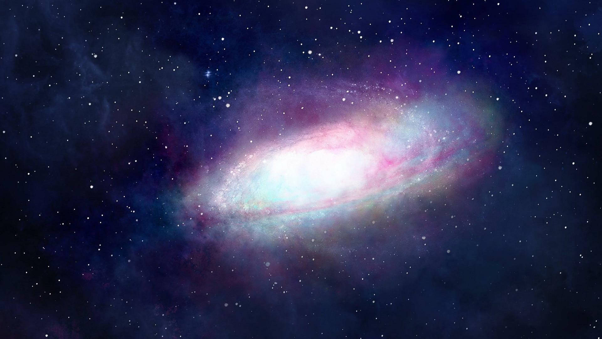 銀河 桌布 壁紙 — 一個發光的螺旋星系，帶有粉紅色和藍色星雲，在深空的星場中旋轉。