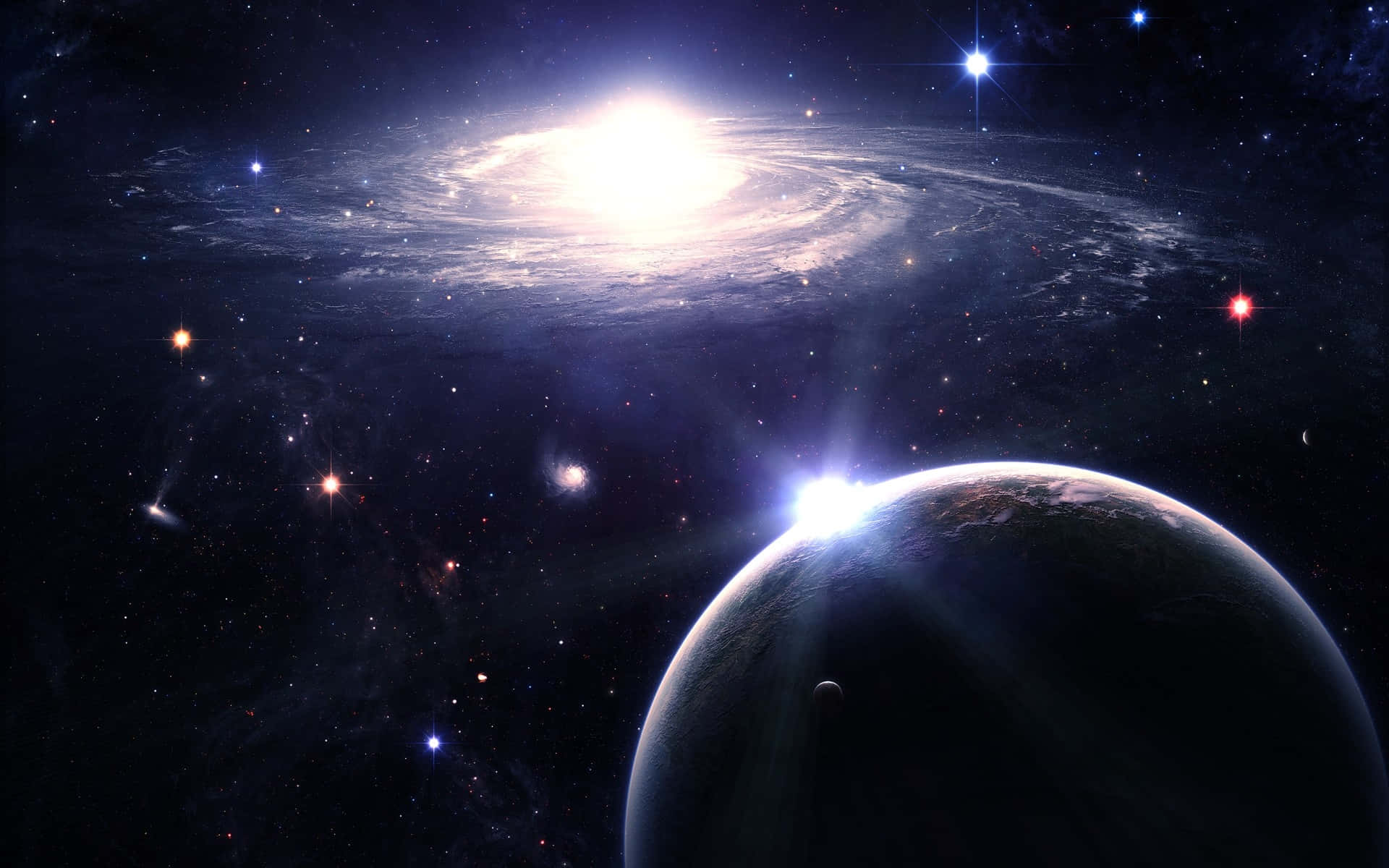 Beautiful Space 桌布 壁紙 — 一個發光的螺旋星系主導著宇宙場景，一顆擁有明亮陽光照射地平線的行星漂浮在前景中。
