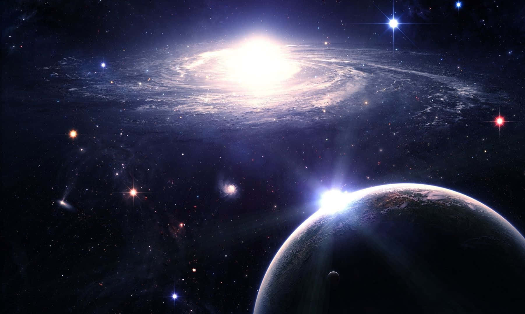 Space Galaxy 桌布 壁紙 — 一個發光的螺旋星系主導著宇宙場景，前景有一顆行星，深空中閃爍著星星。