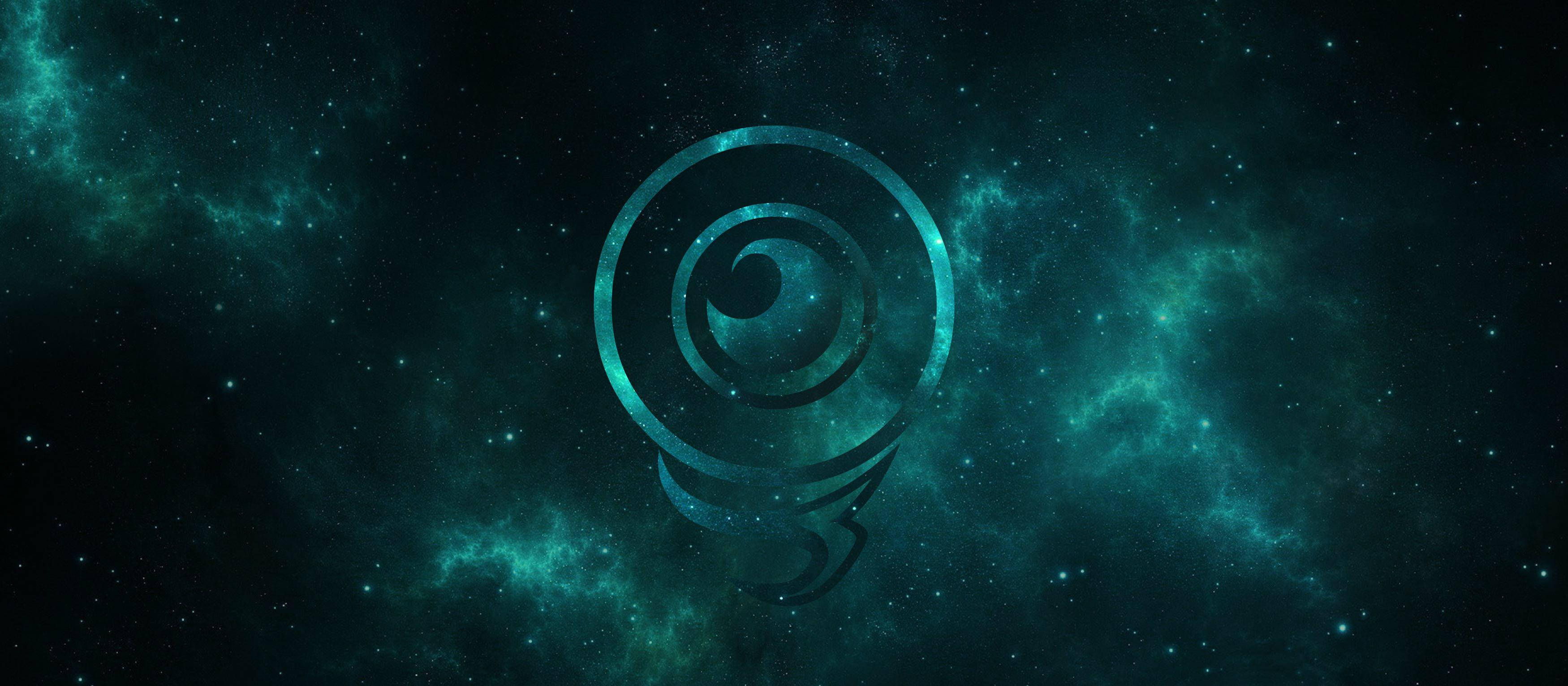 Jacksepticeye 桌布 壁紙 — 一個發光的螺旋標誌漂浮在旋轉的藍綠色星雲和閃爍的星星之間，處於宇宙虛空之中。