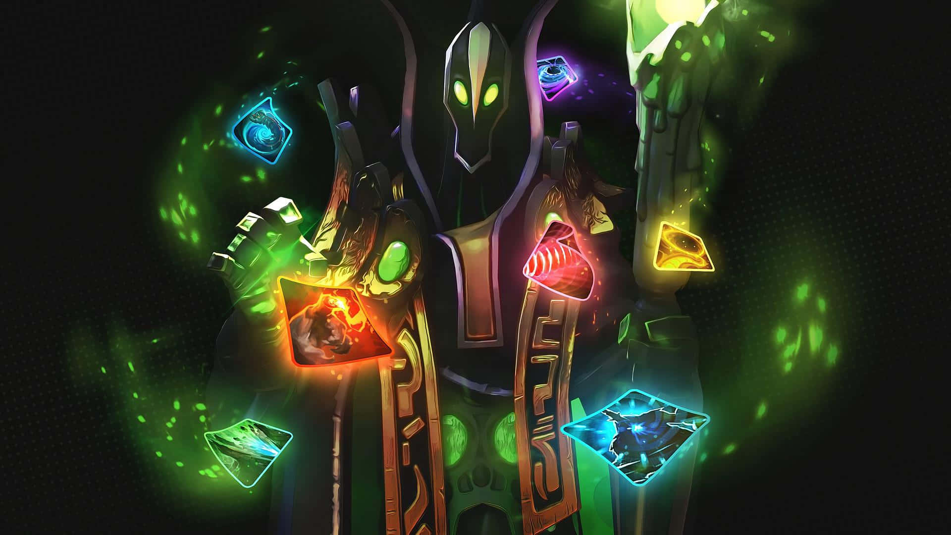 Rubick 桌布 壁紙 — 一個發光的裝甲人物，擁有霓虹綠眼睛和漂浮的彩色水晶，在黑暗背景下散發神秘能量。